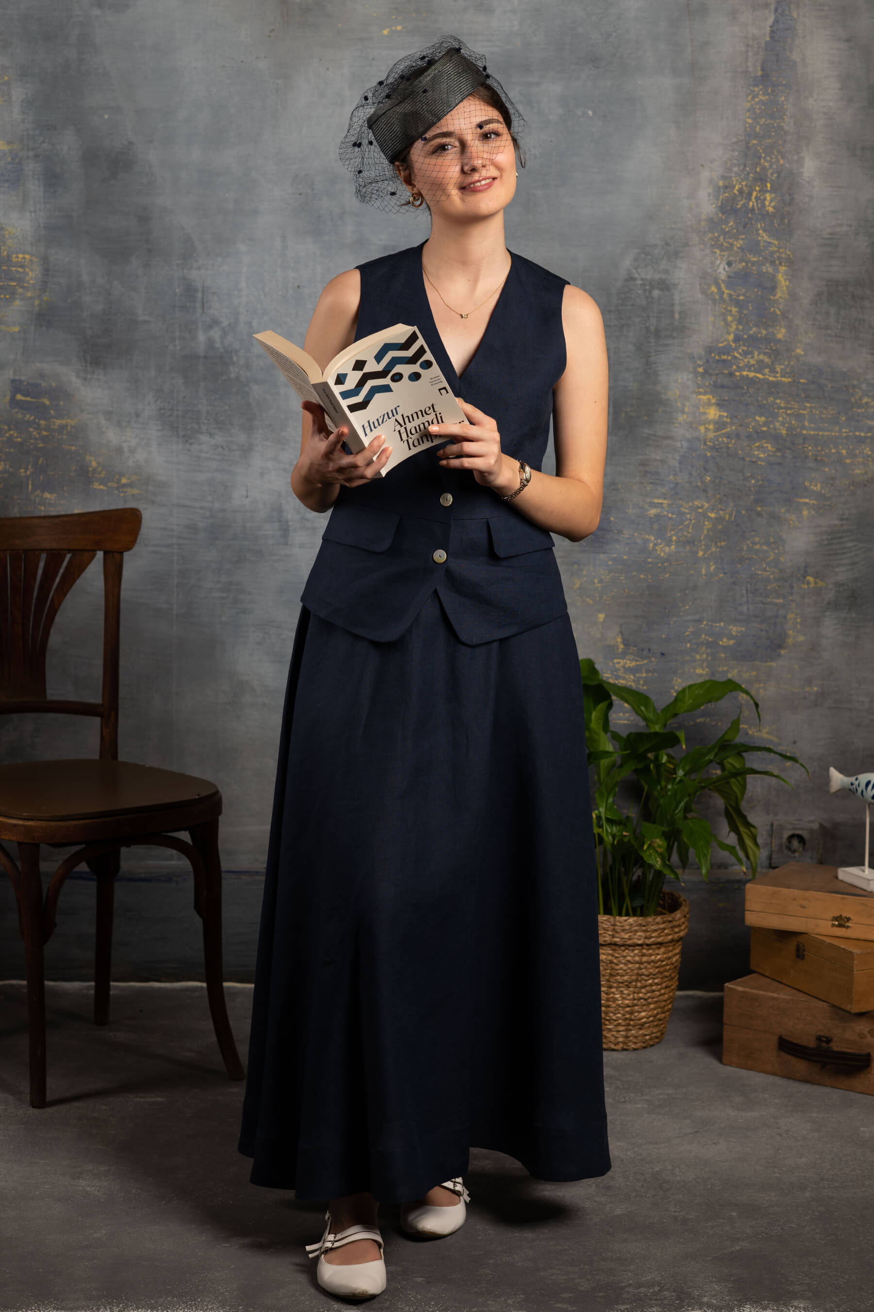 Nahif - Lacivert Kloş Keten Etek