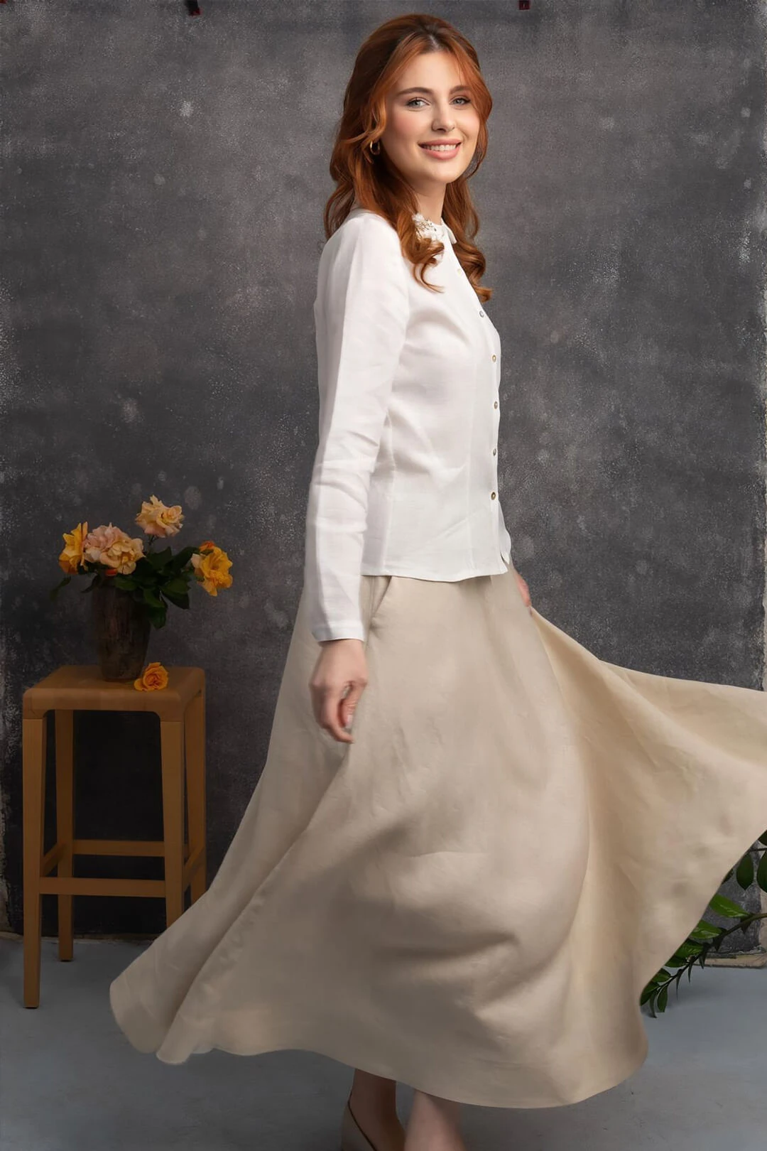 Nahif - Taş Rengi Kloş Keten Etek