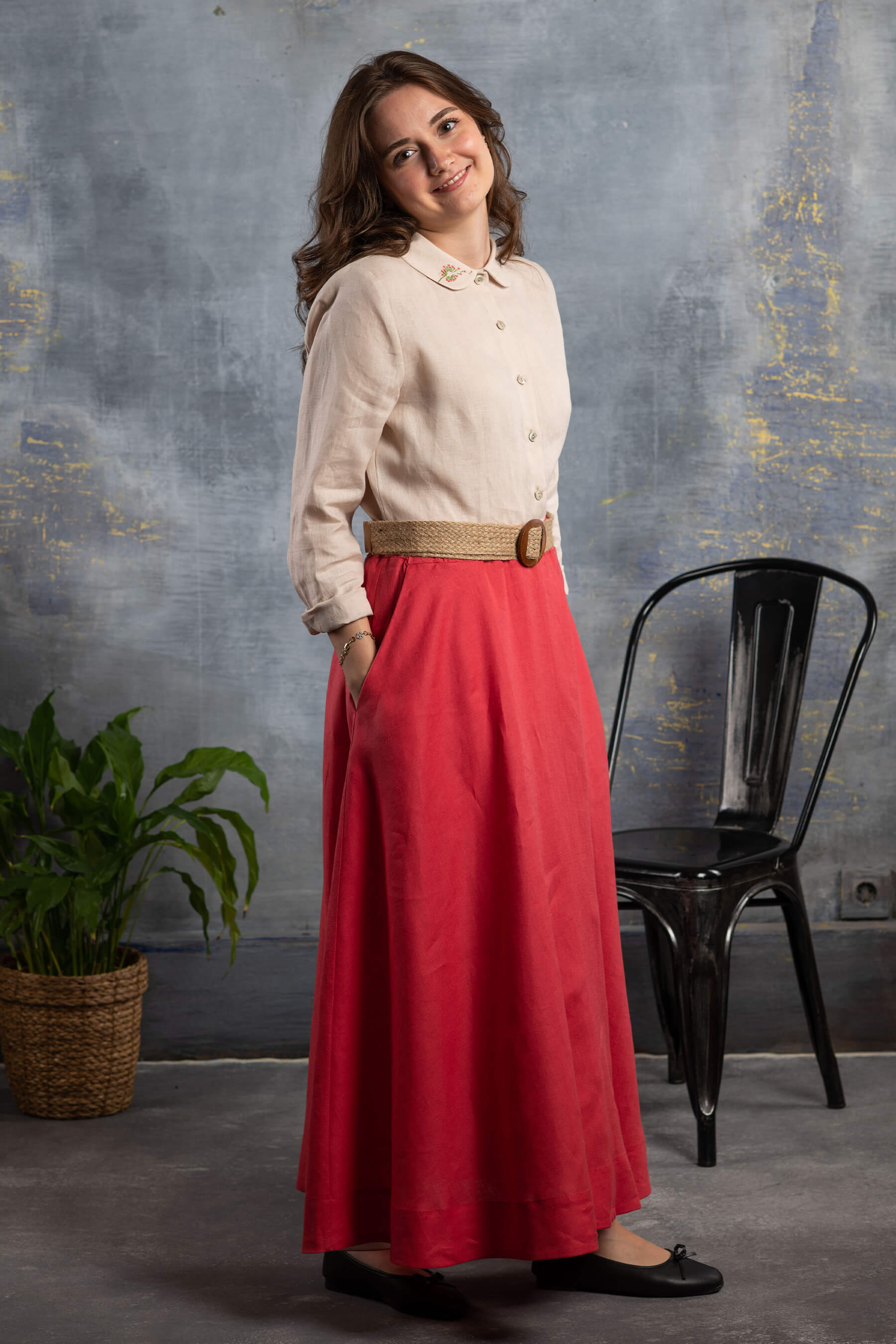 Nahif - Kırmızı Kloş Keten Etek