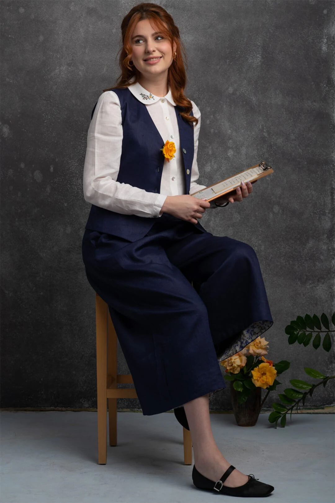 Serin - Bol Paça Lacivert Keten Pantolon