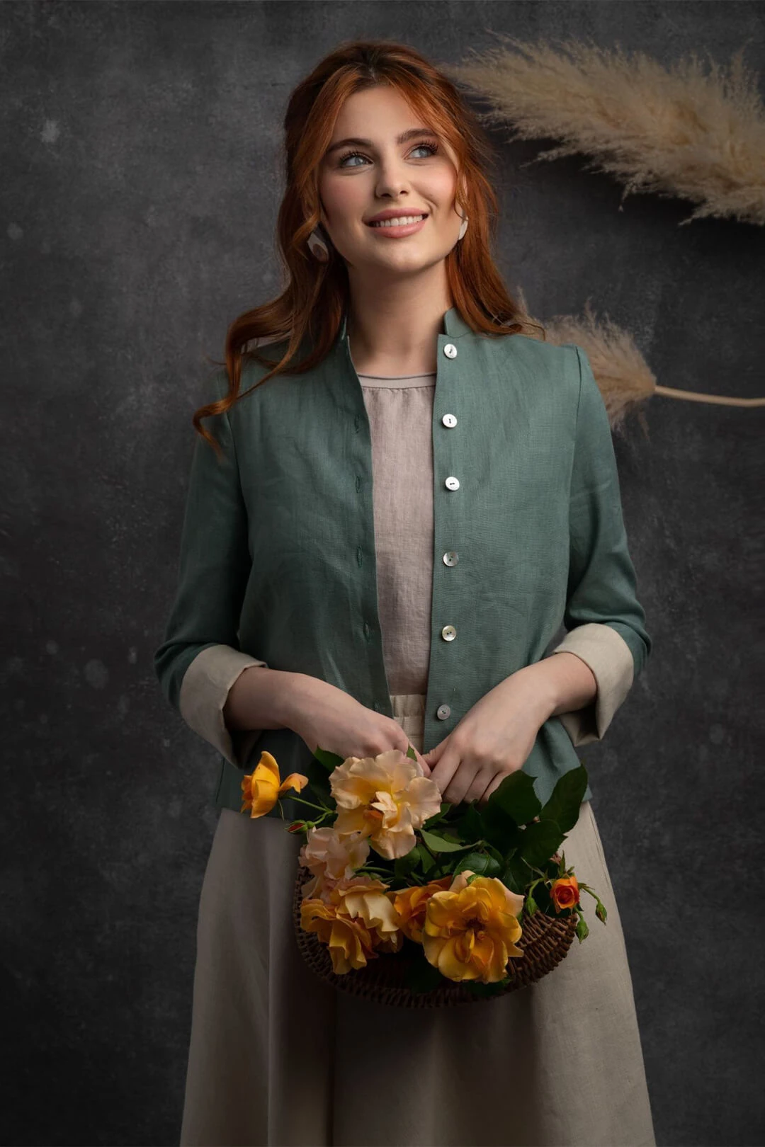 Müstesna - Hakim Yaka Mint Yeşili Keten Ceket