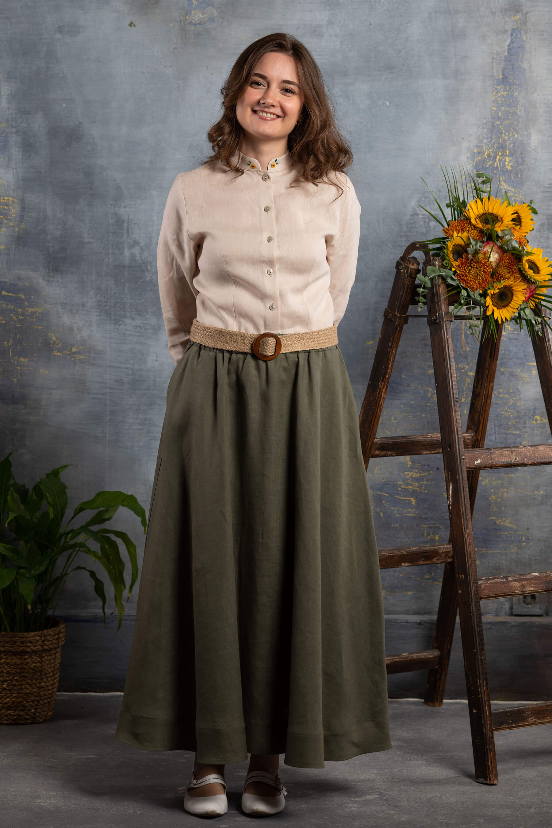 Nahif - Çağla Yeşili Kloş Keten Etek