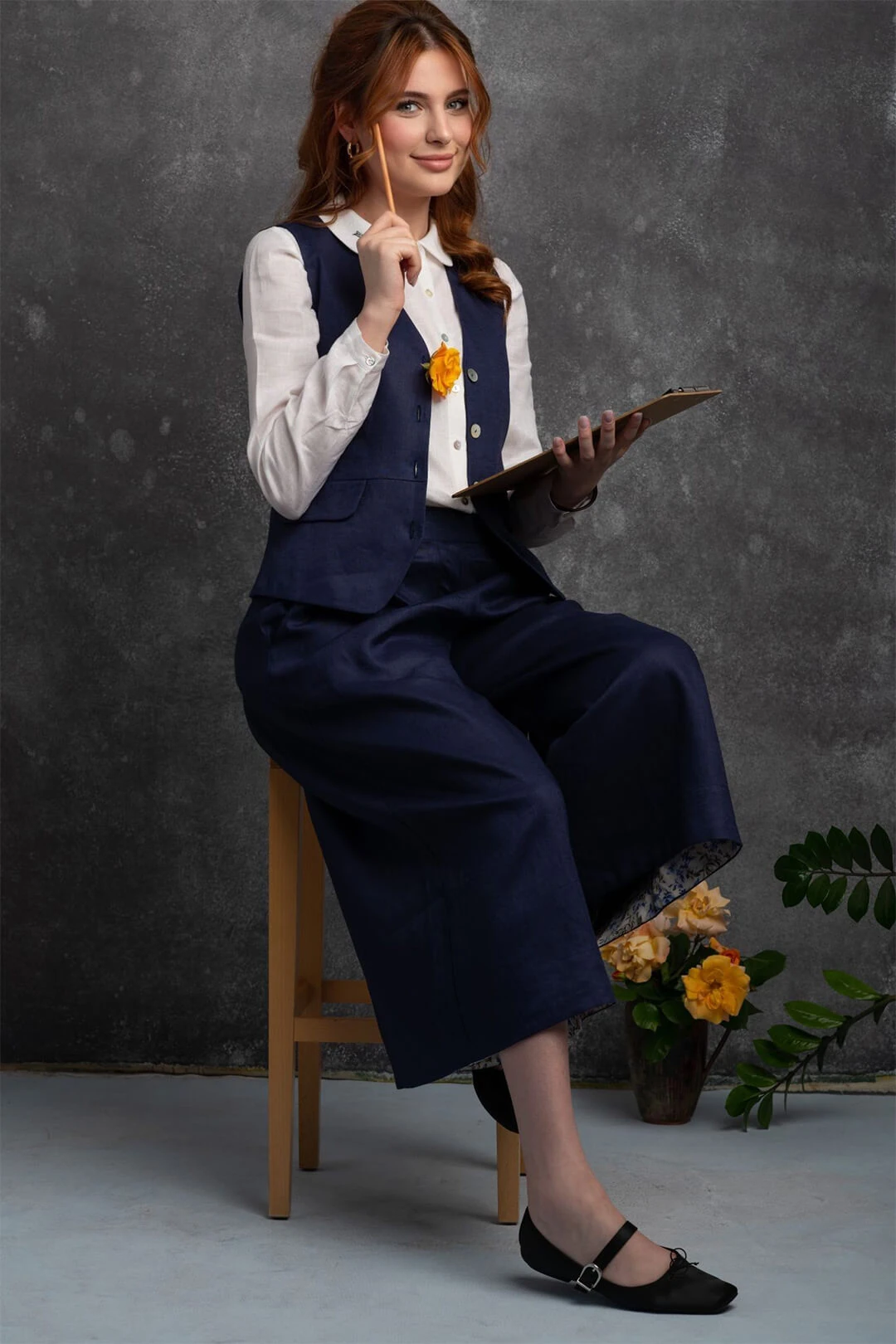 Serin - Bol Paça Lacivert Keten Pantolon