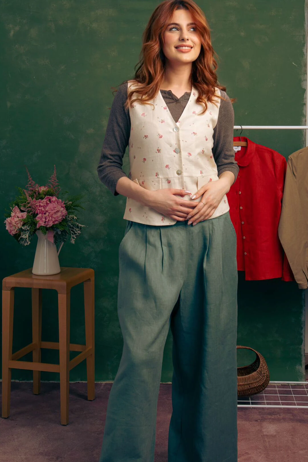 Bahar - Pileli Mint Yeşili Keten Pantolon