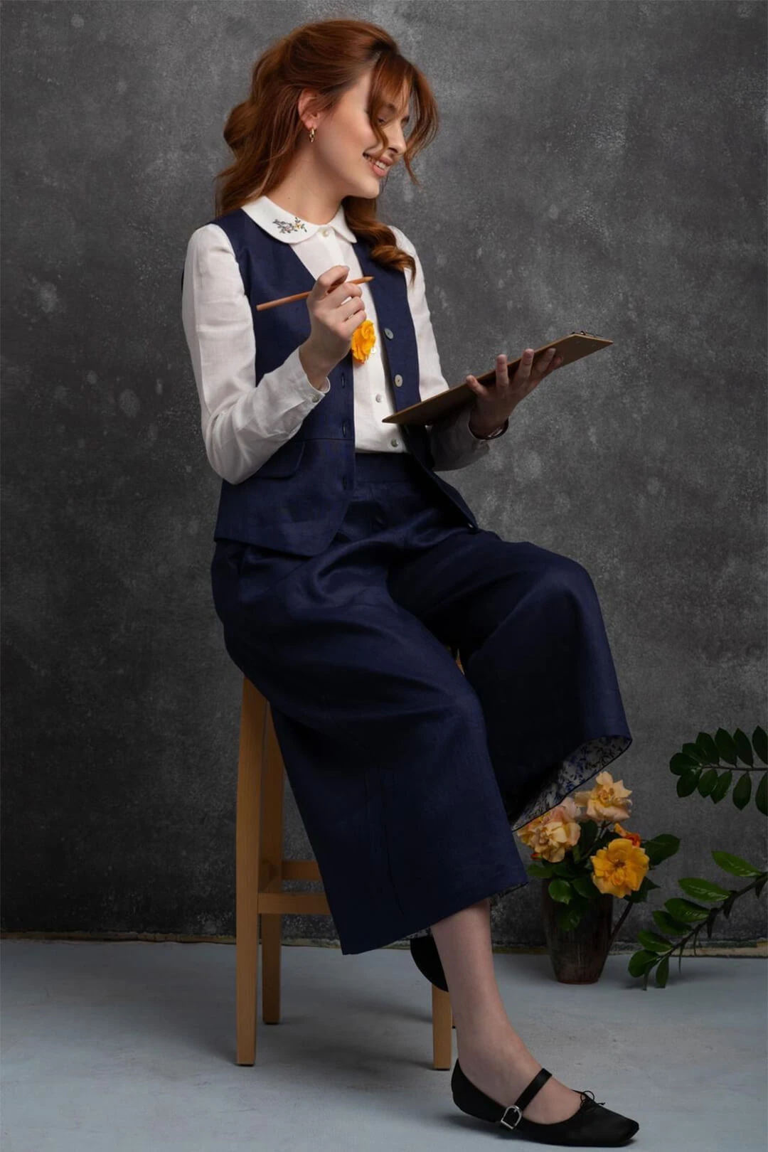 Serin - Bol Paça Lacivert Keten Pantolon