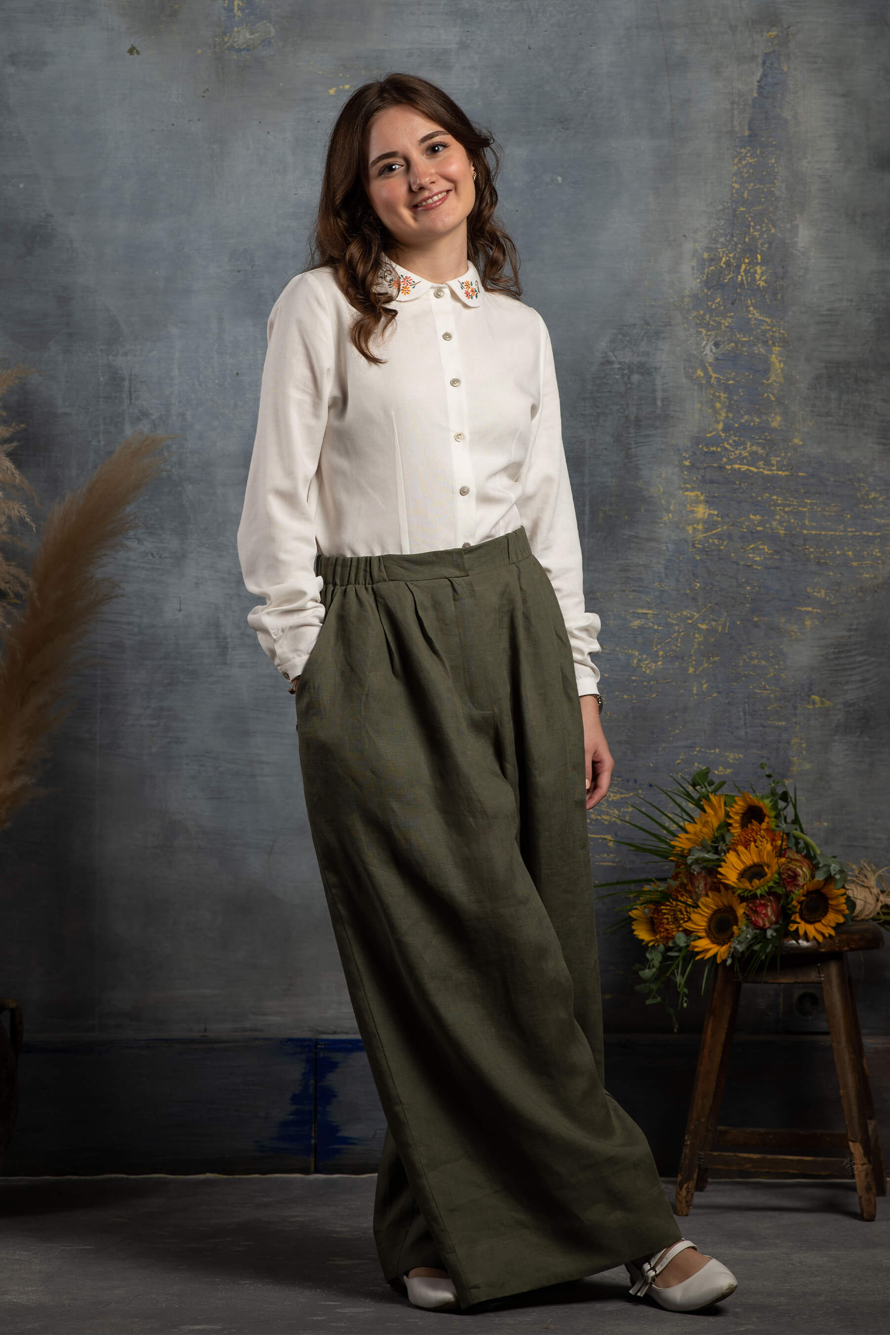 Bahar - Pileli Çağla Yeşili Keten Pantolon