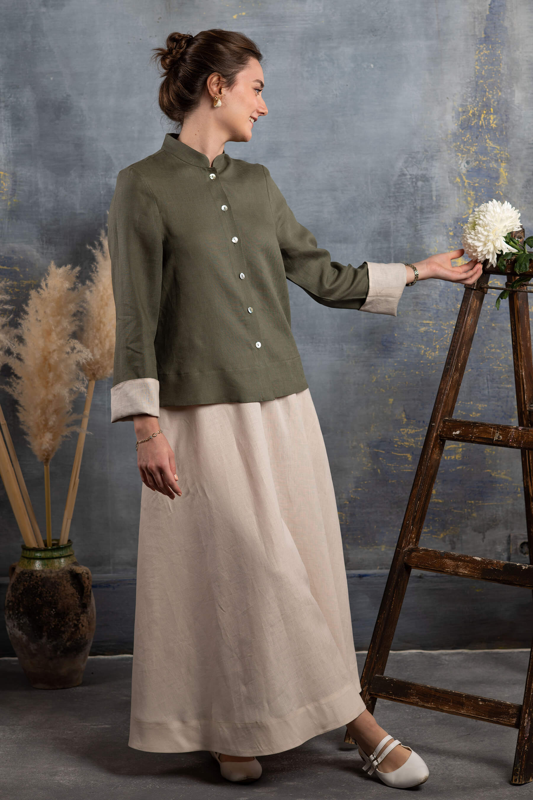 Müstesna - Hakim Yaka Çağla Yeşili Keten Ceket