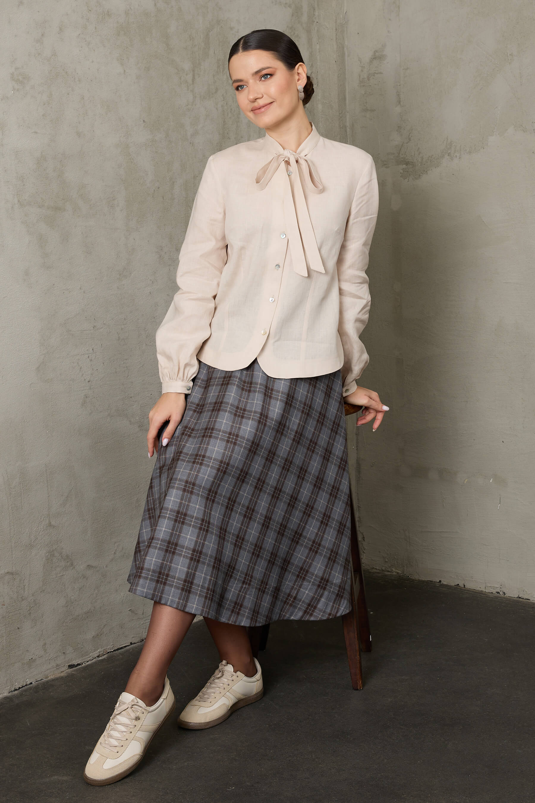 Beliz - Gri Ekoseli Yün Kloş Etek