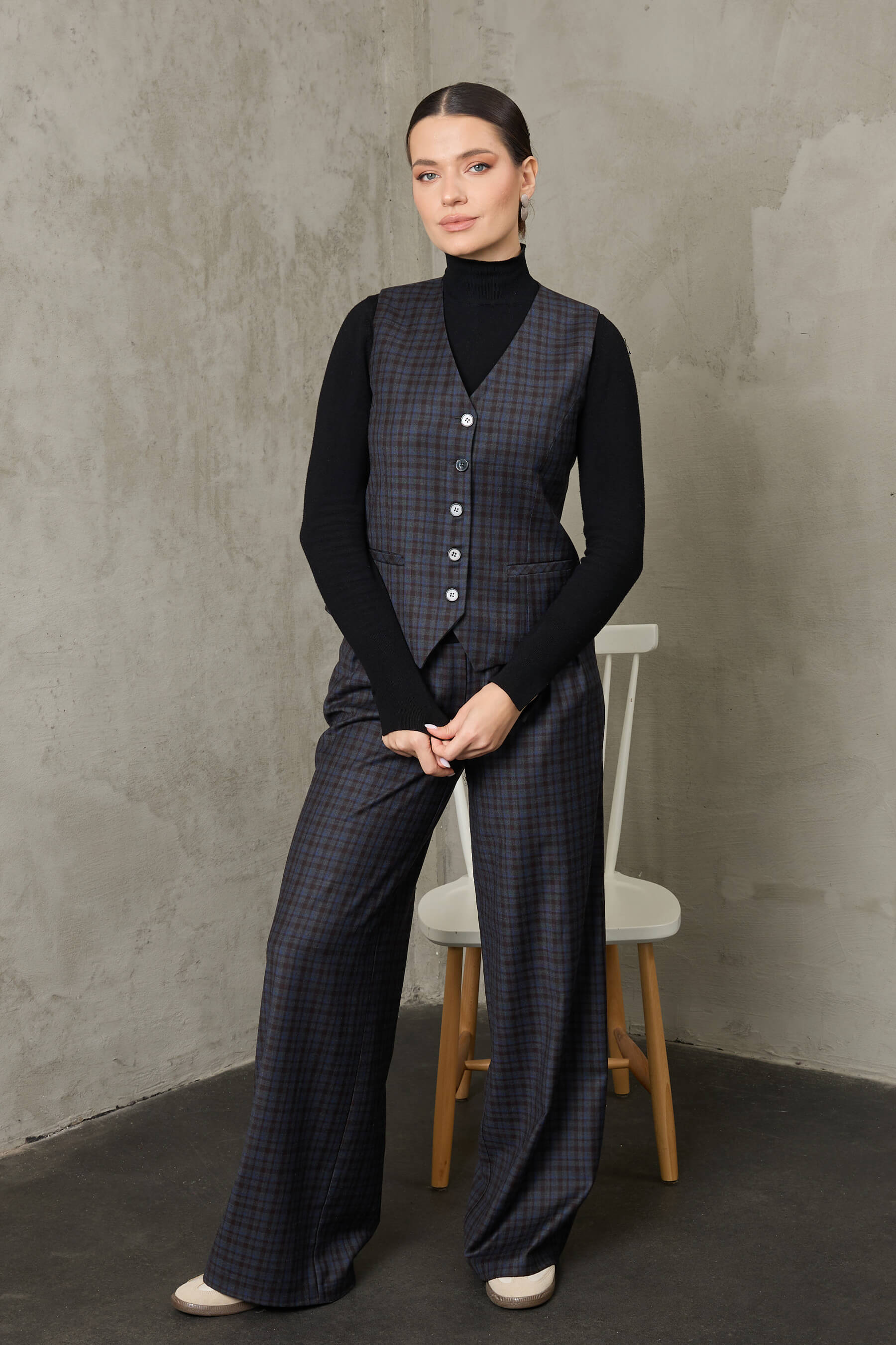 Sedir - Lacivert Ekoseli Yün Palazzo Pantolon