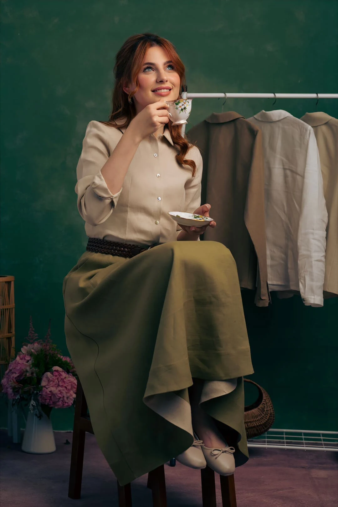 Nahif - Zeytin Yeşili Kloş Keten Etek