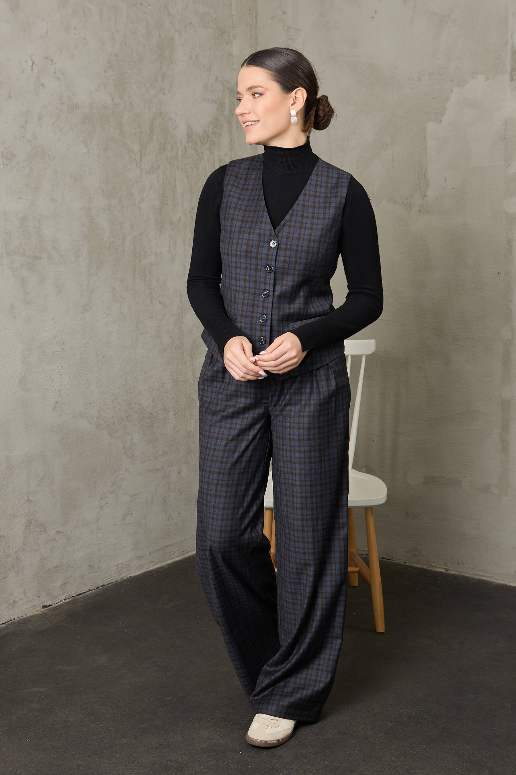 Sedir - Lacivert Ekoseli Yün Palazzo Pantolon