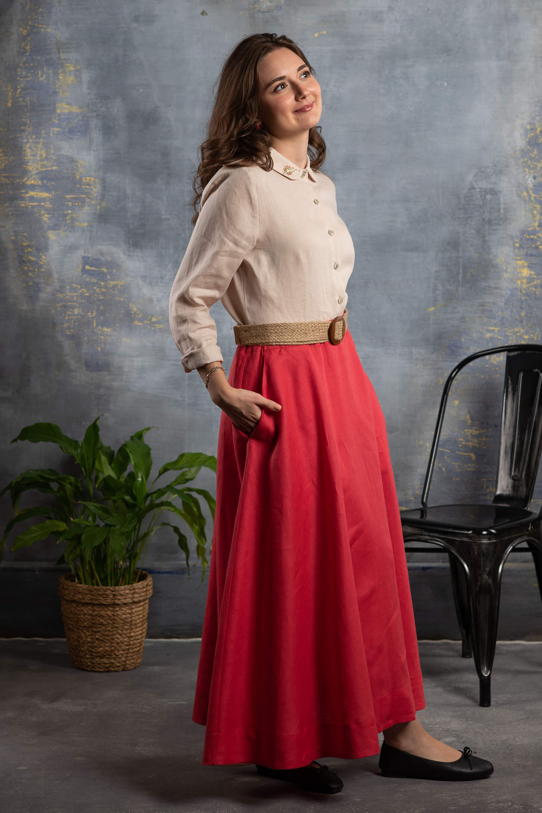 Nahif - Kırmızı Kloş Keten Etek