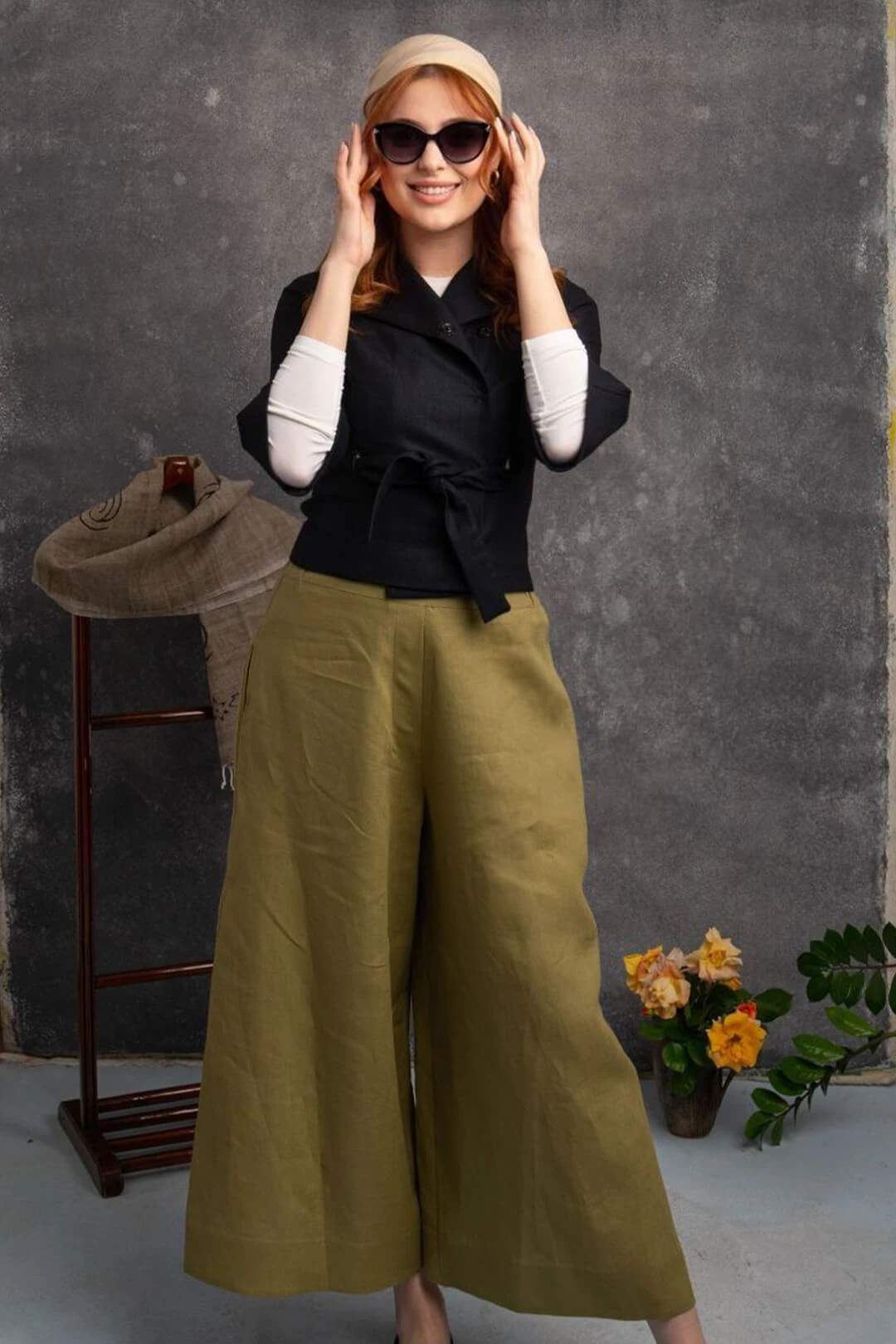 Serin - Bol Paça Zeytin Yeşili Keten Pantolon