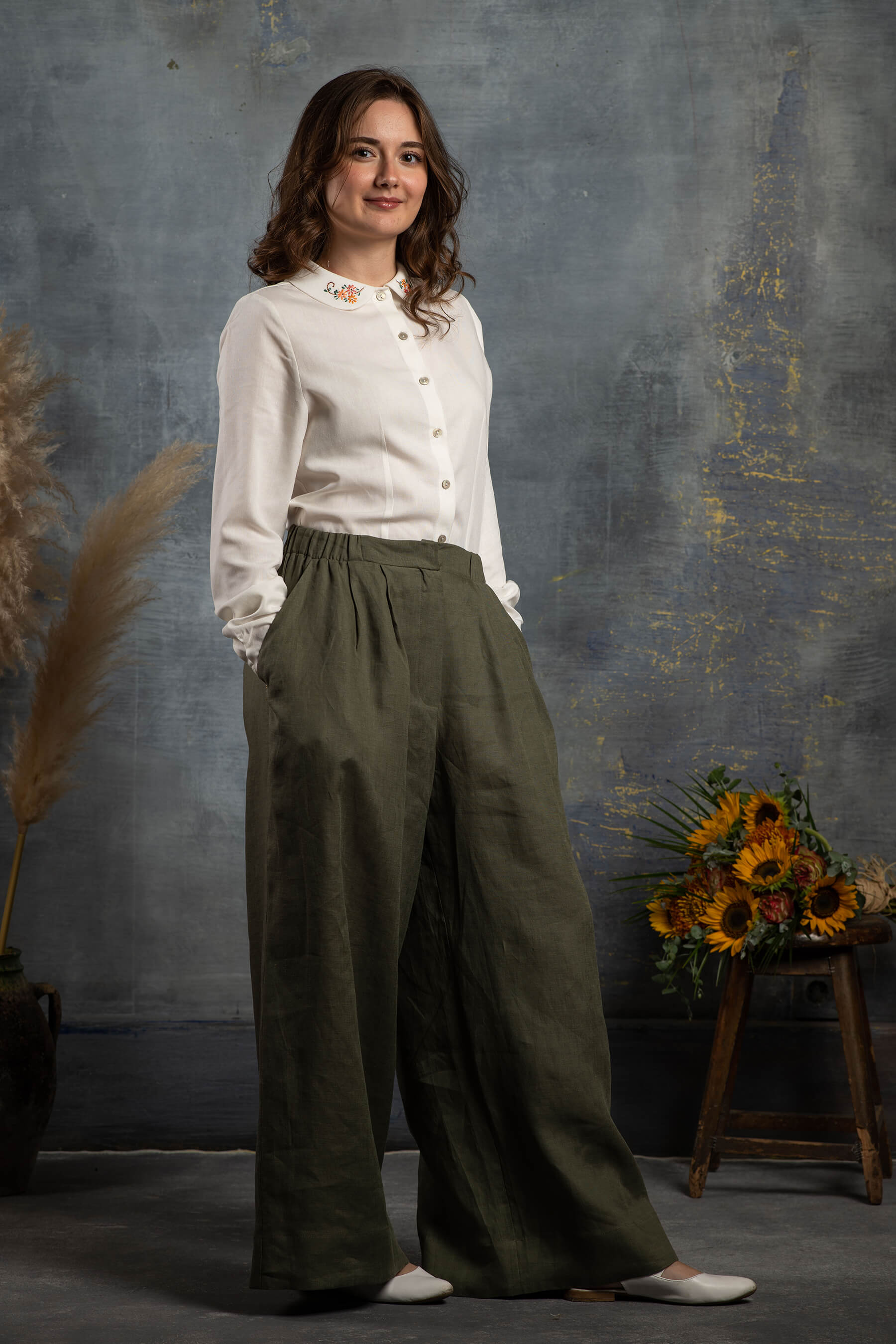 Bahar - Pileli Çağla Yeşili Keten Pantolon