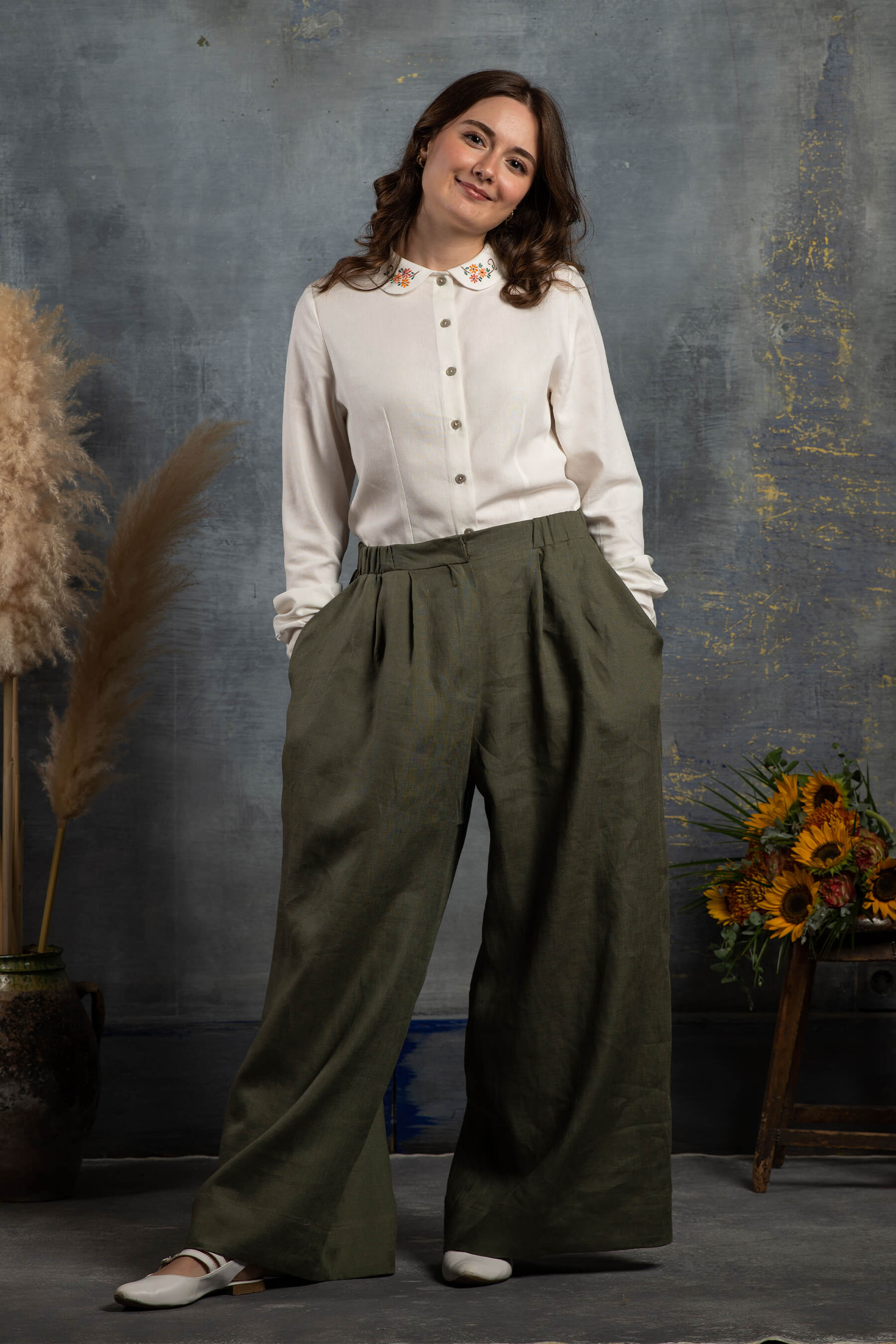 Bahar - Pileli Çağla Yeşili Keten Pantolon