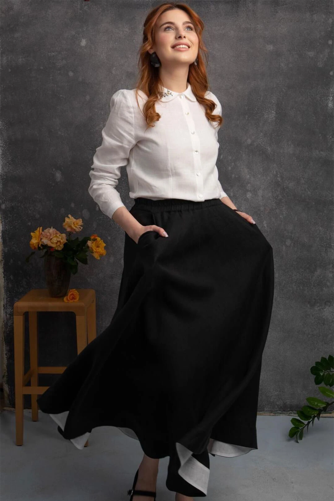 Nahif - Siyah Kloş Keten Etek