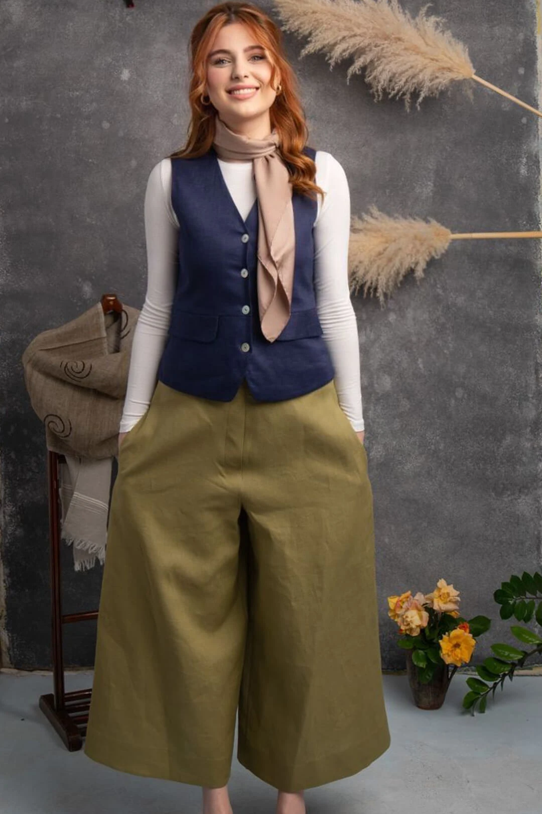 Serin - Bol Paça Zeytin Yeşili Keten Pantolon