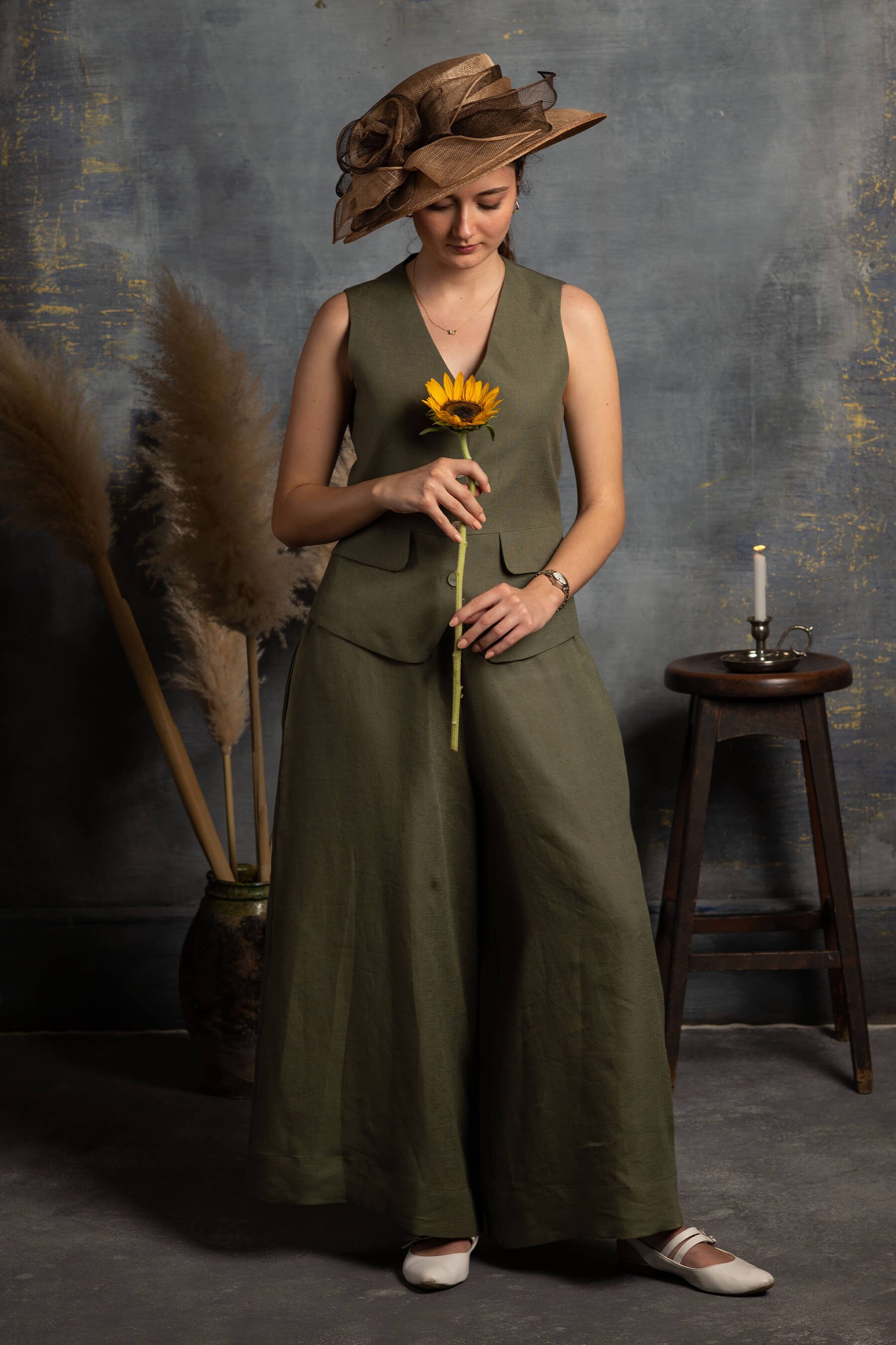 Serin - Bol Paça Çağla Yeşili Keten Pantolon