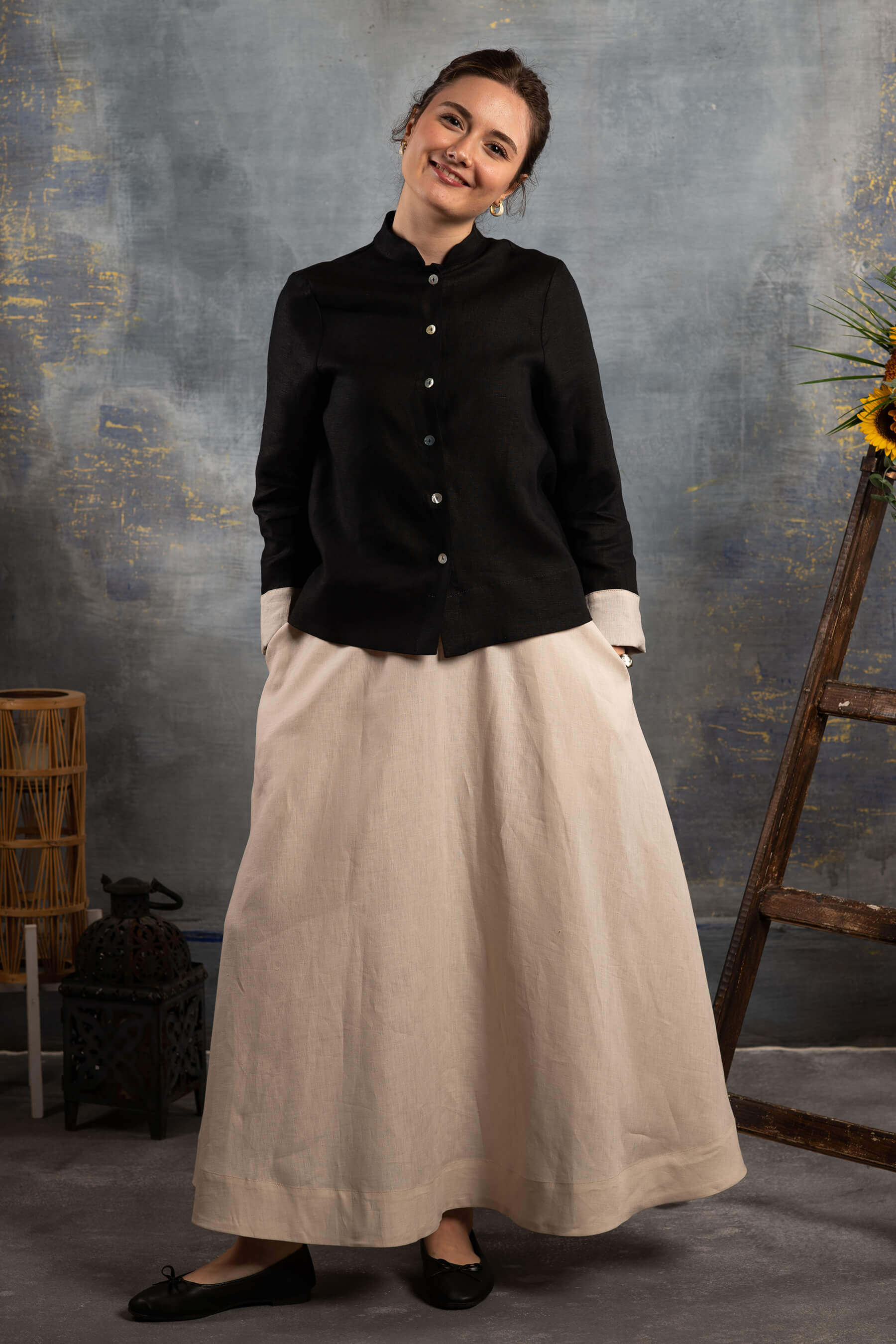 Nahif - Taş Rengi Kloş Keten Etek