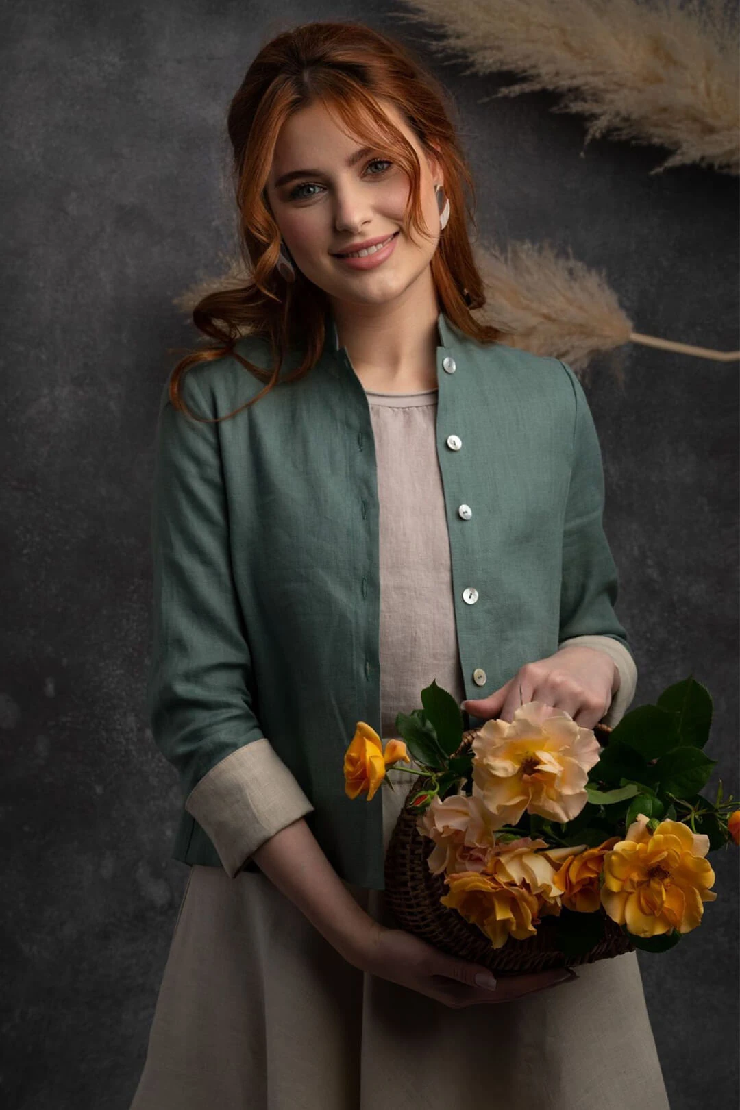 Müstesna - Hakim Yaka Mint Yeşili Keten Ceket