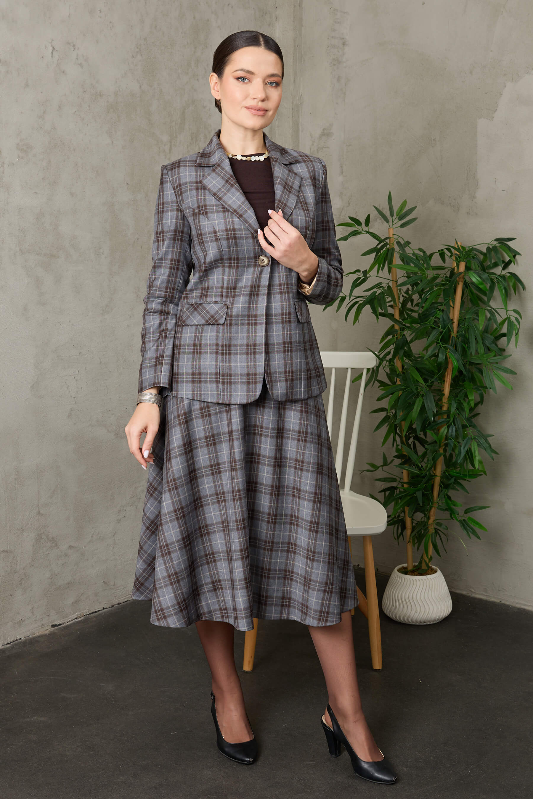 Beliz - Gri Ekoseli Yün Kloş Etek