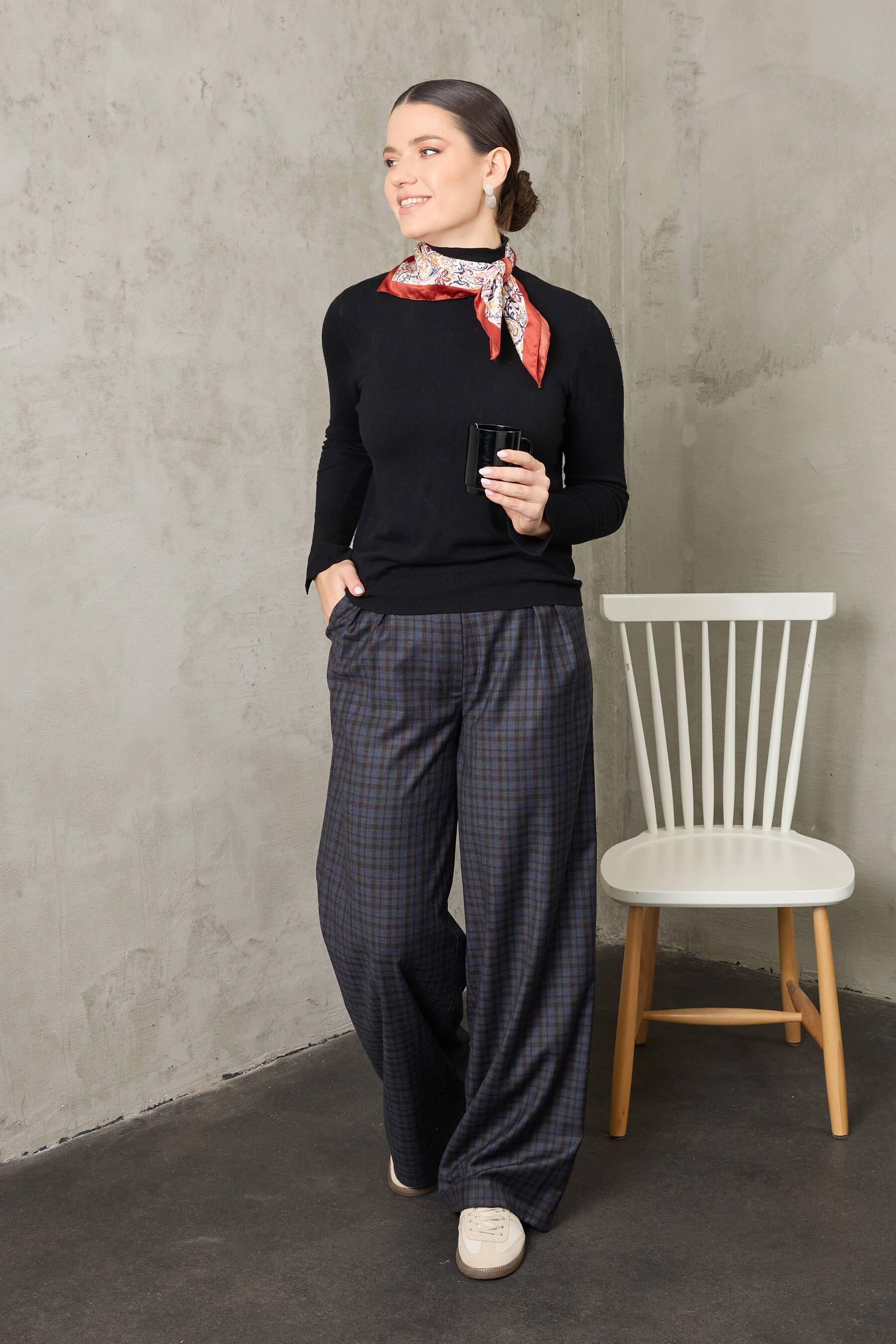 Sedir - Lacivert Ekoseli Yün Palazzo Pantolon