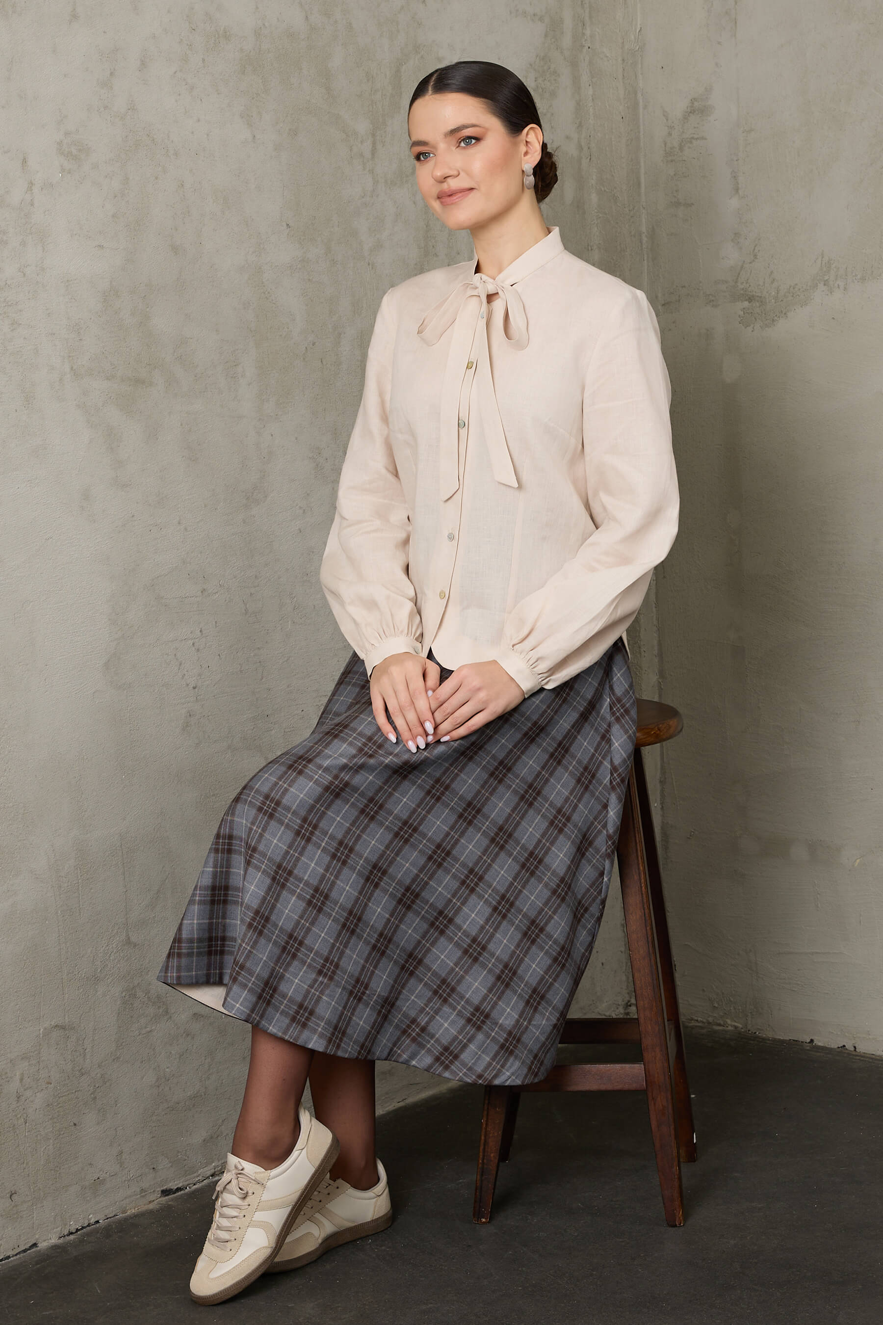 Beliz - Gri Ekoseli Yün Kloş Etek