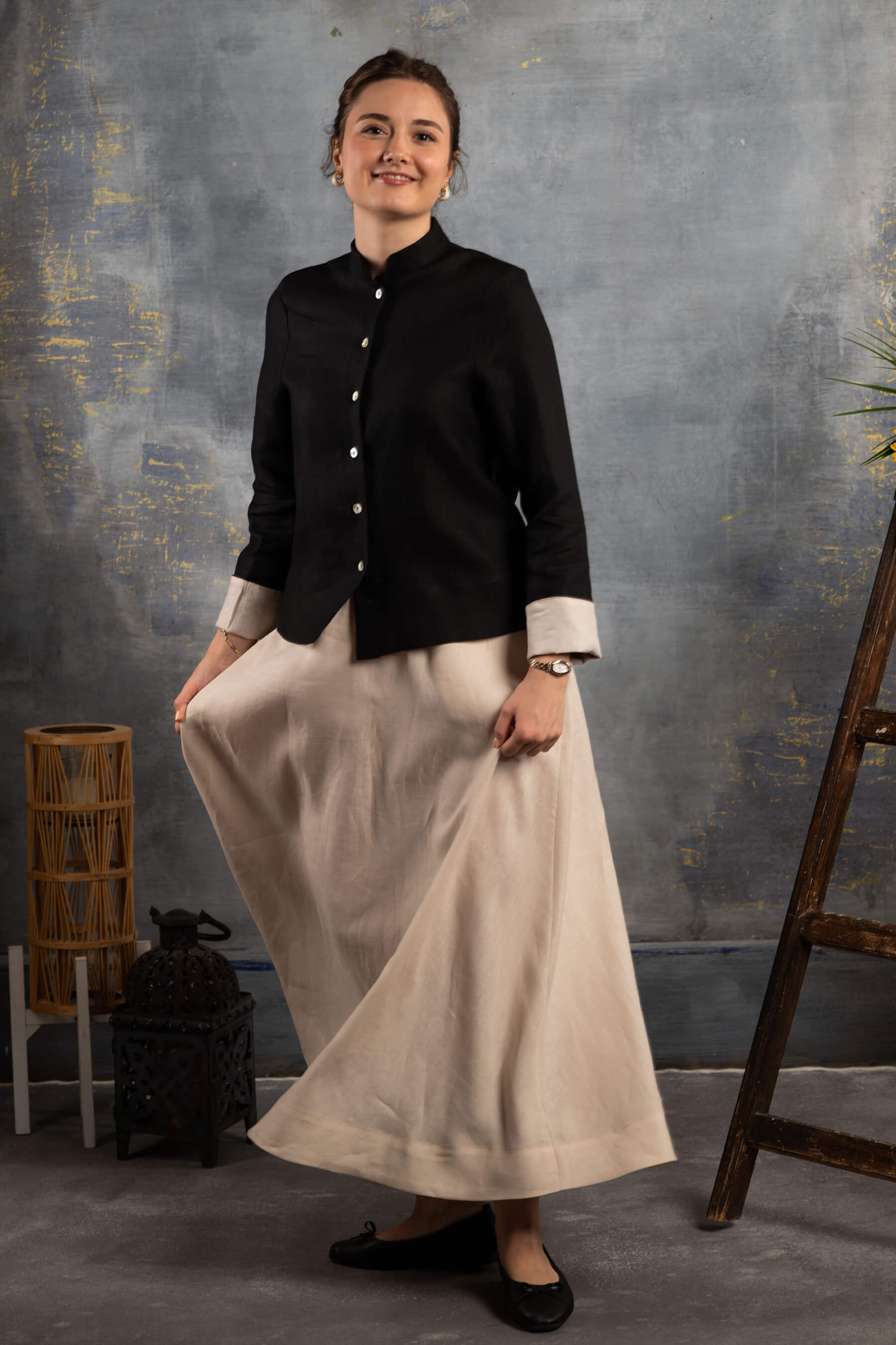 Nahif - Taş Rengi Kloş Keten Etek