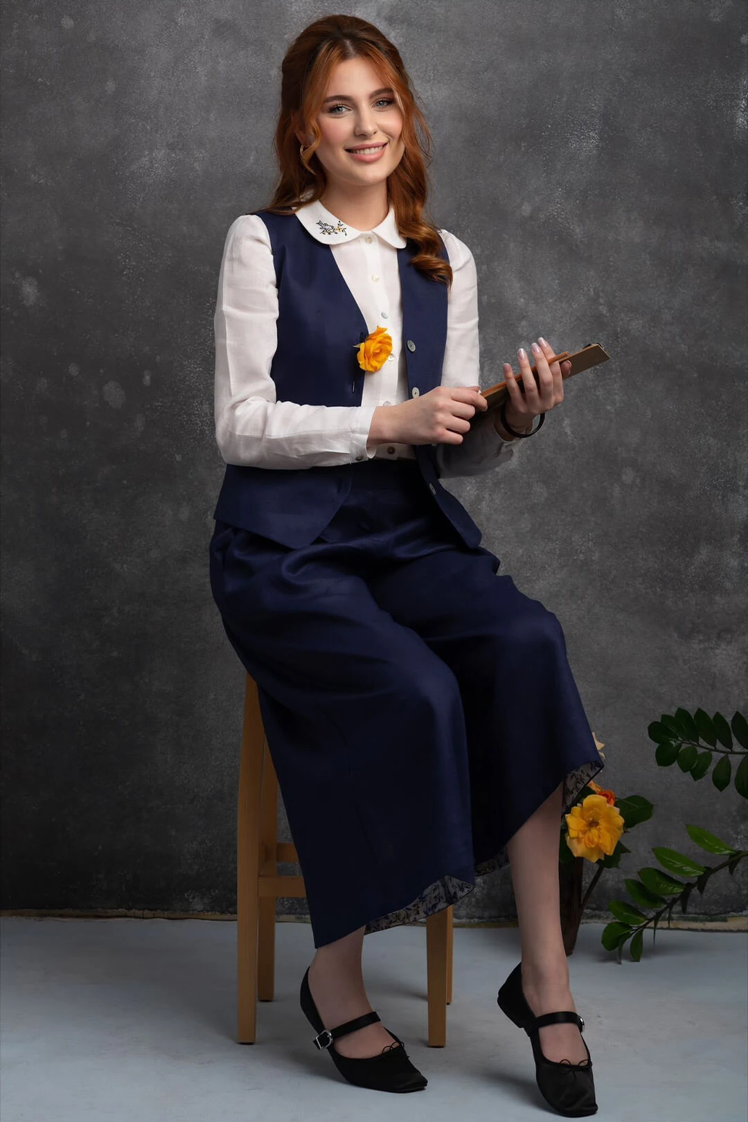 Serin - Bol Paça Lacivert Keten Pantolon