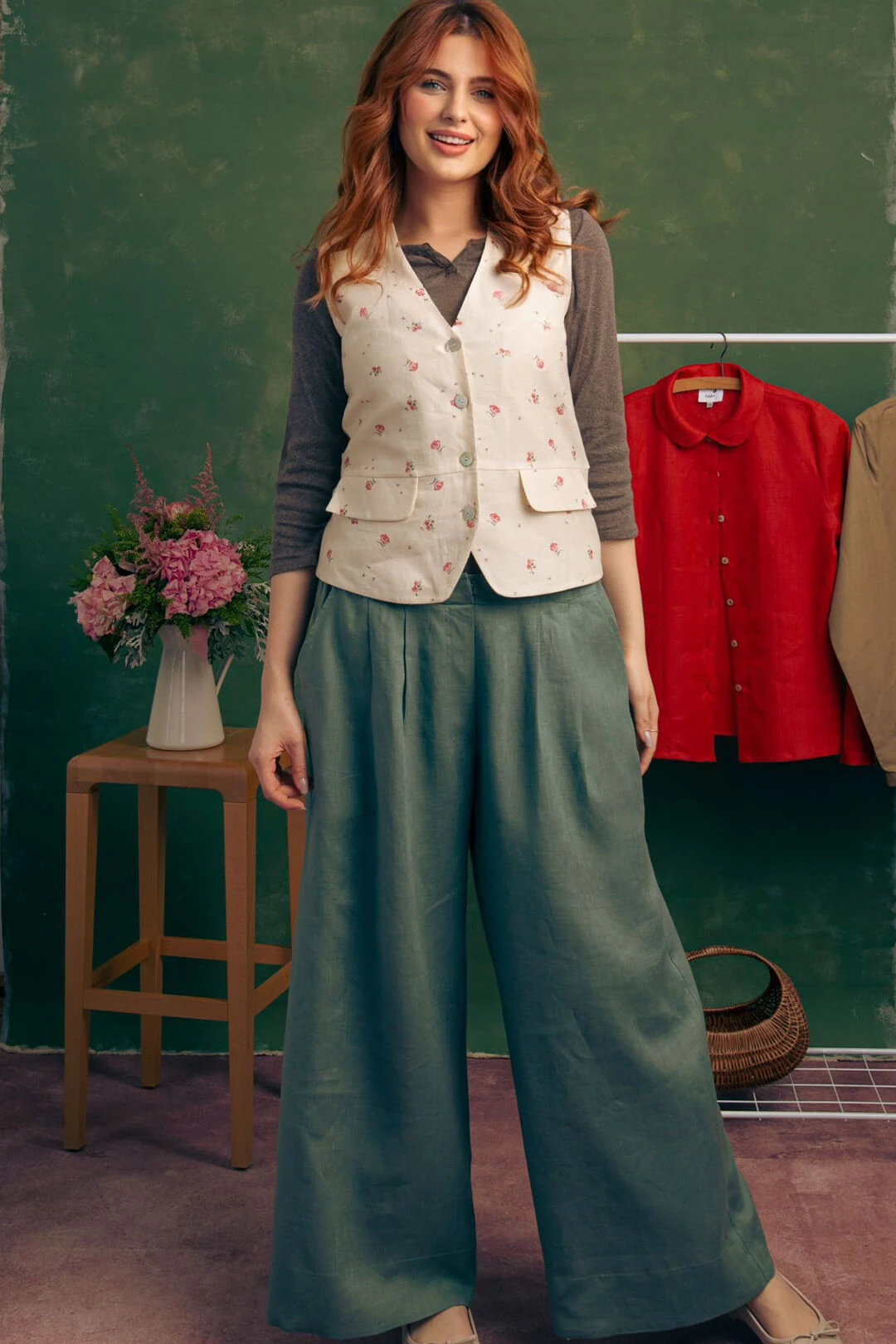 Bahar - Pileli Mint Yeşili Keten Pantolon