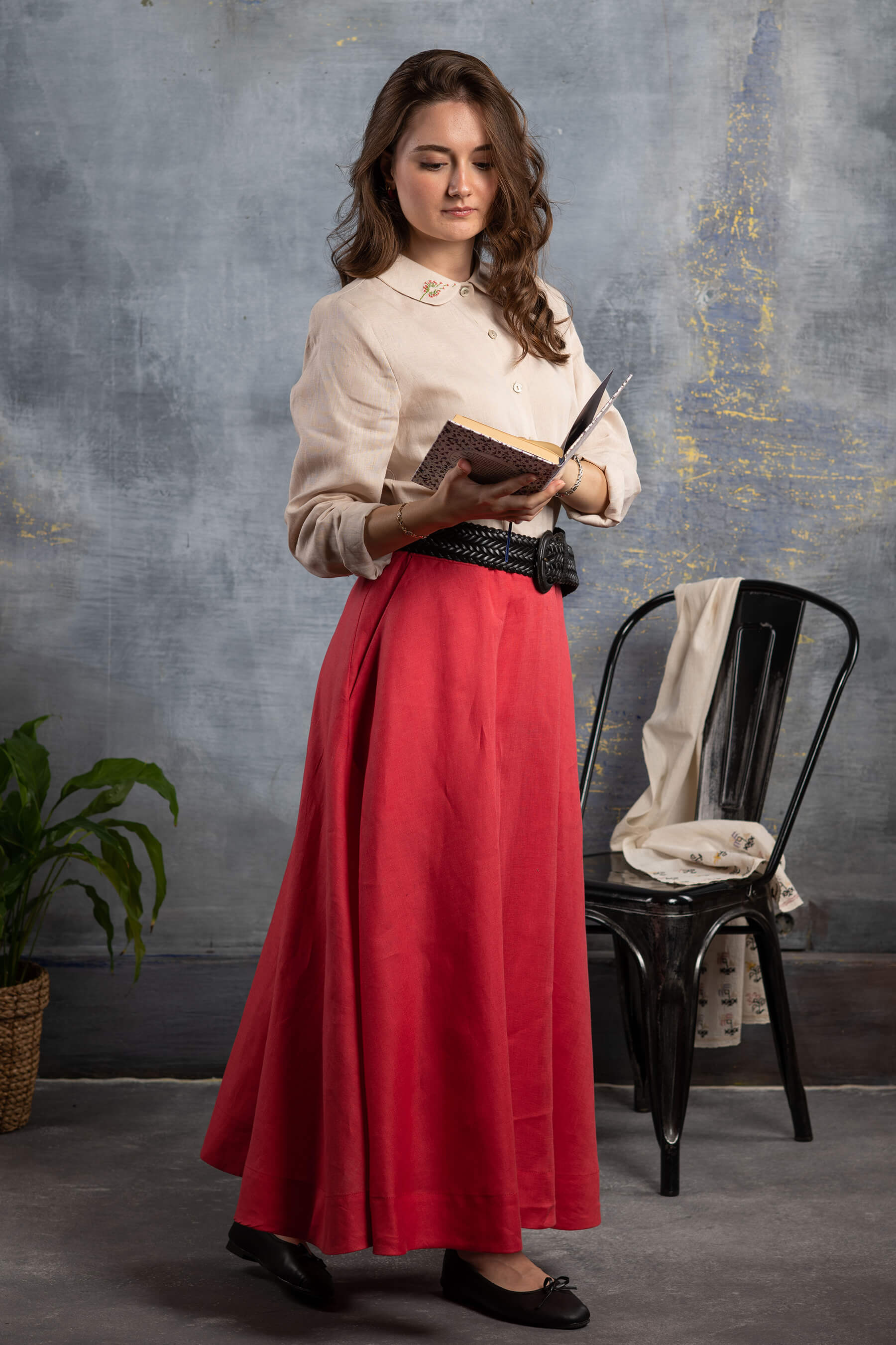 Nahif - Kırmızı Kloş Keten Etek