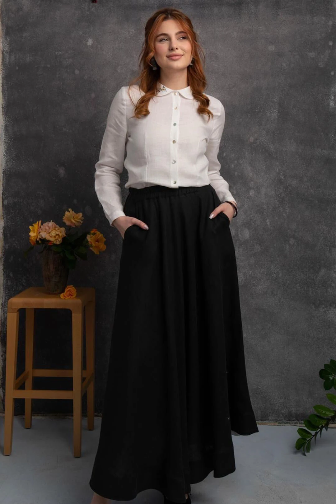 Nahif - Siyah Kloş Keten Etek