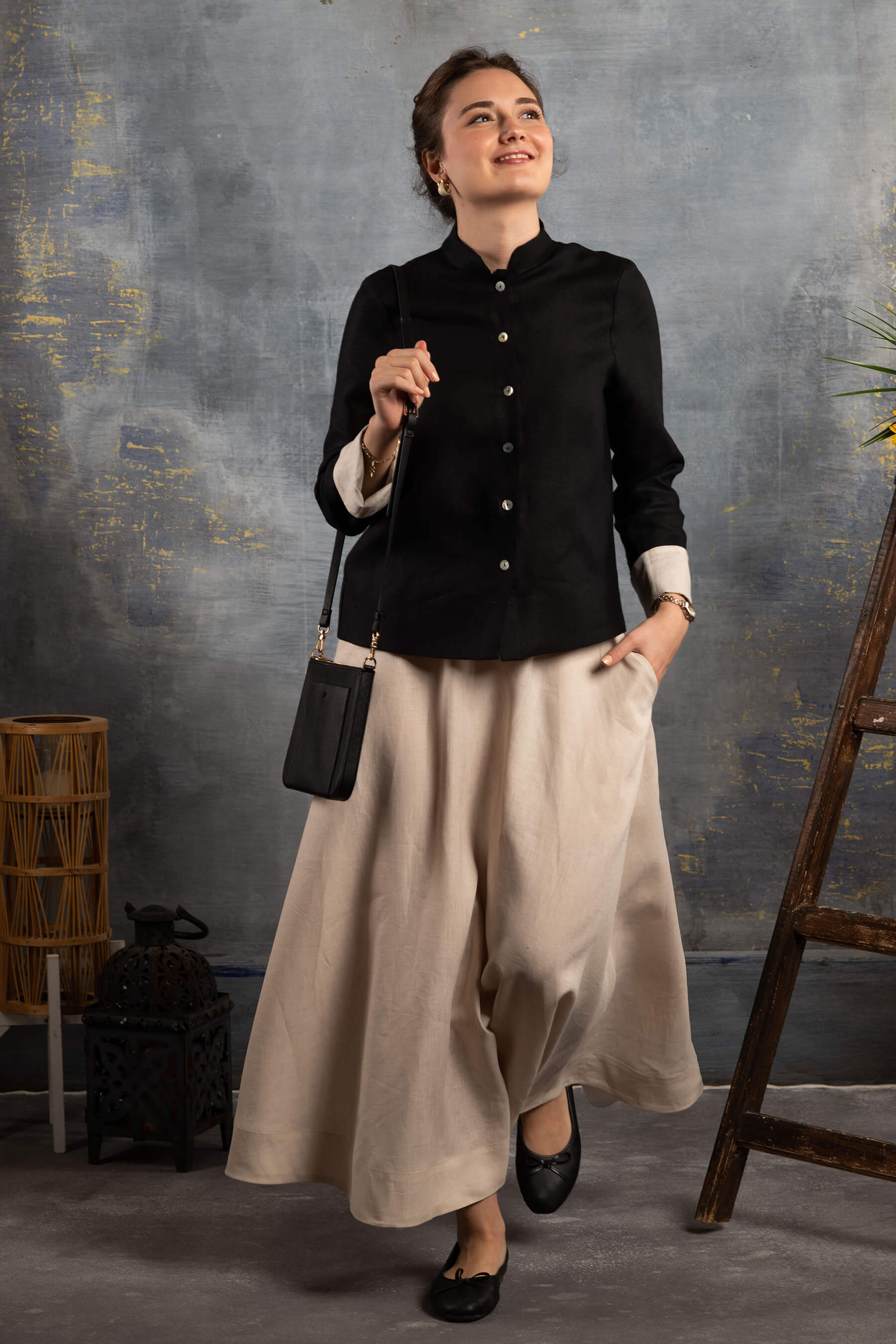 Nahif - Taş Rengi Kloş Keten Etek