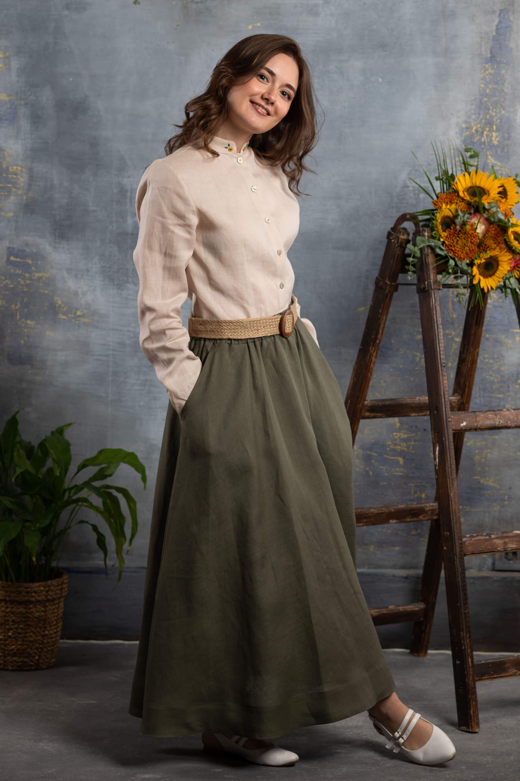 Nahif - Çağla Yeşili Kloş Keten Etek