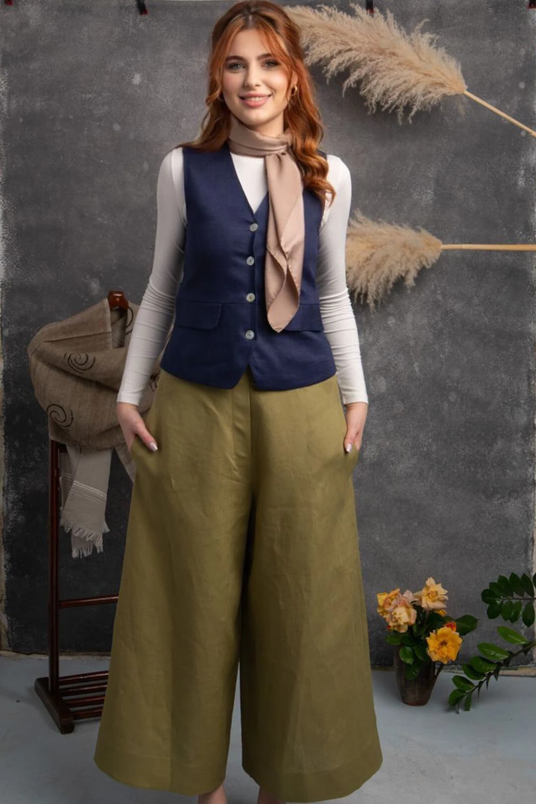 Serin - Bol Paça Zeytin Yeşili Keten Pantolon