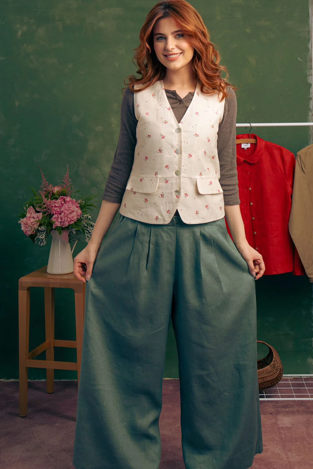 Bahar - Pileli Mint Yeşili Keten Pantolon