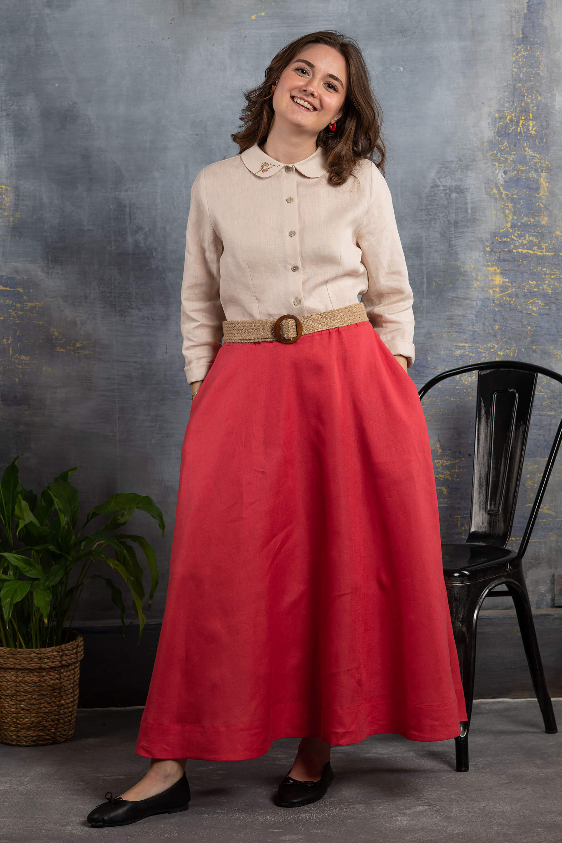 Nahif - Kırmızı Kloş Keten Etek