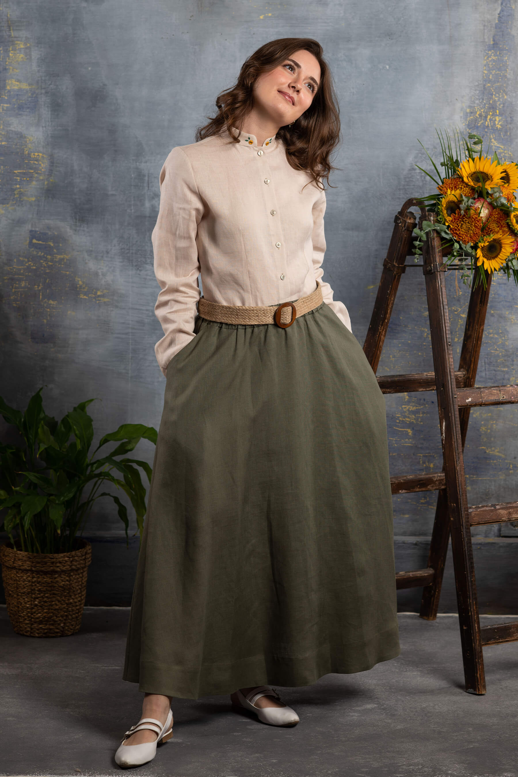 Nahif - Çağla Yeşili Kloş Keten Etek