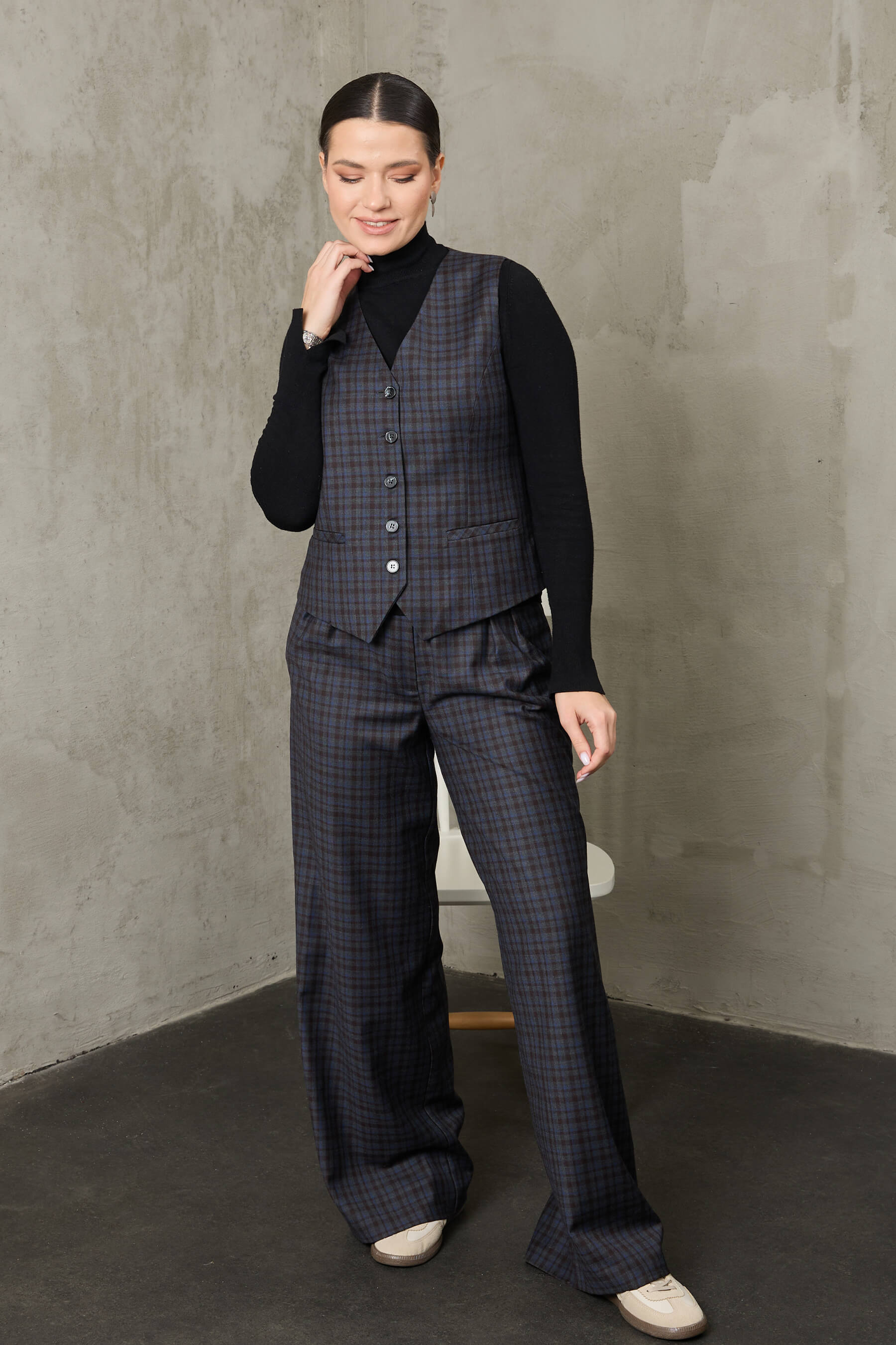 Sedir - Lacivert Ekoseli Yün Palazzo Pantolon