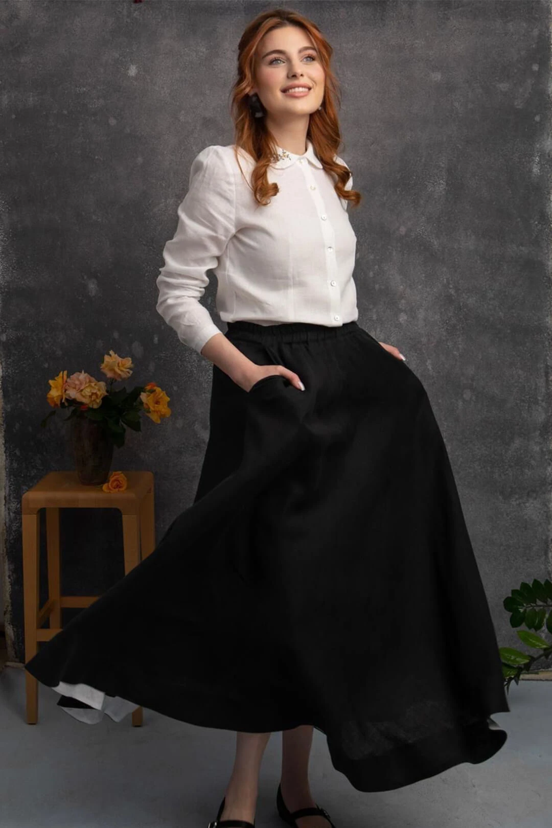 Nahif - Siyah Kloş Keten Etek