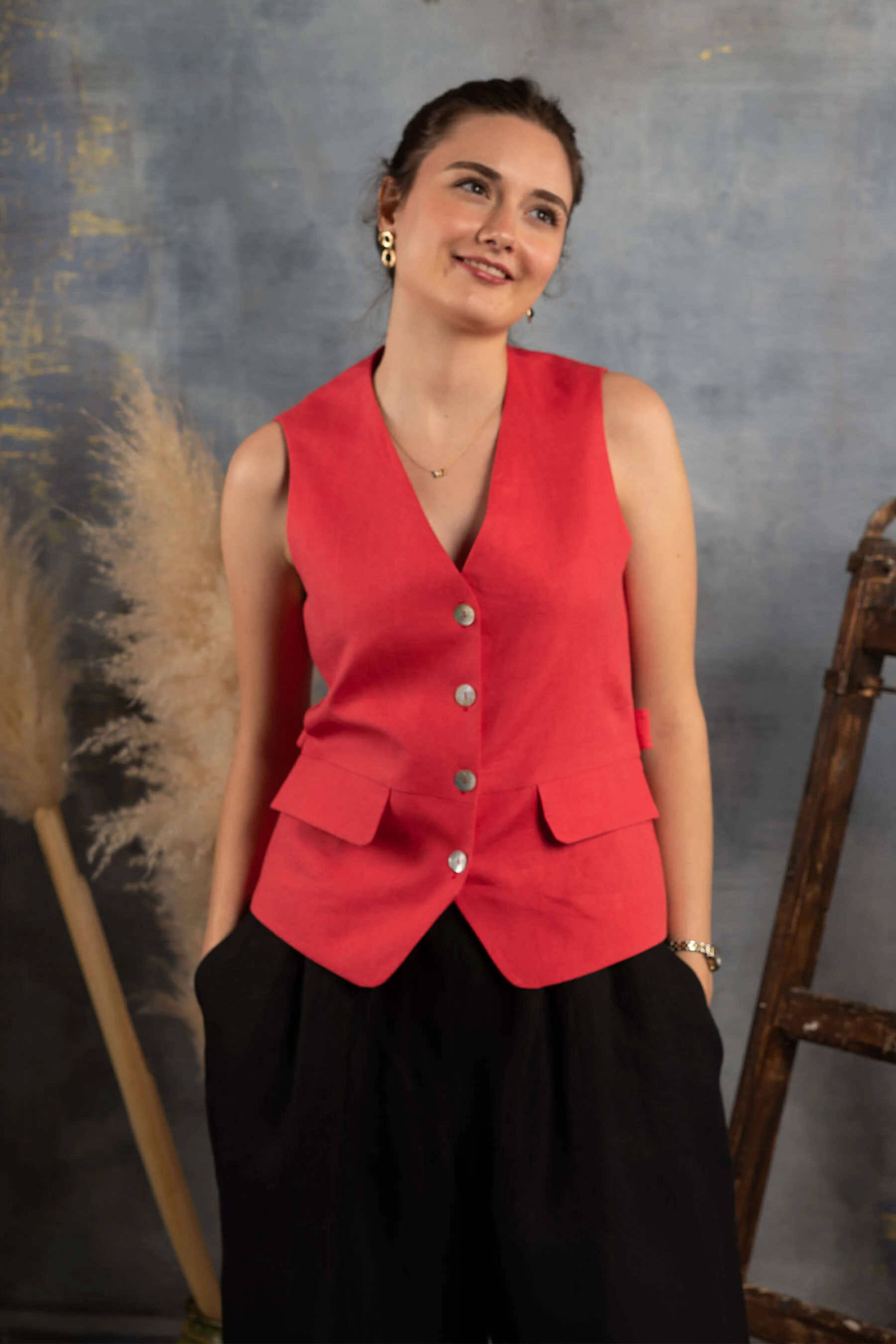 Meltem - Kırmızı Keten Yelek