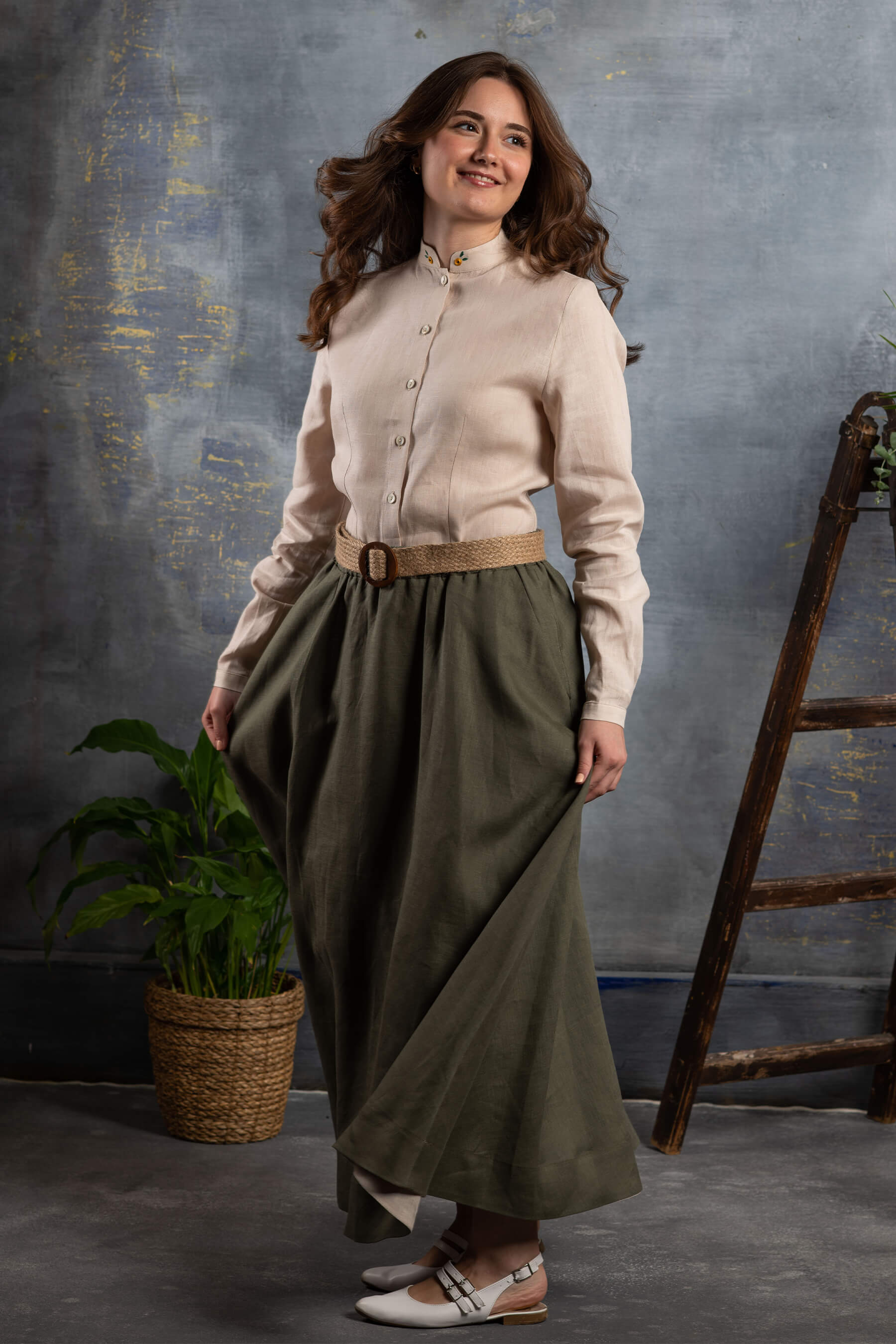 Nahif - Çağla Yeşili Kloş Keten Etek