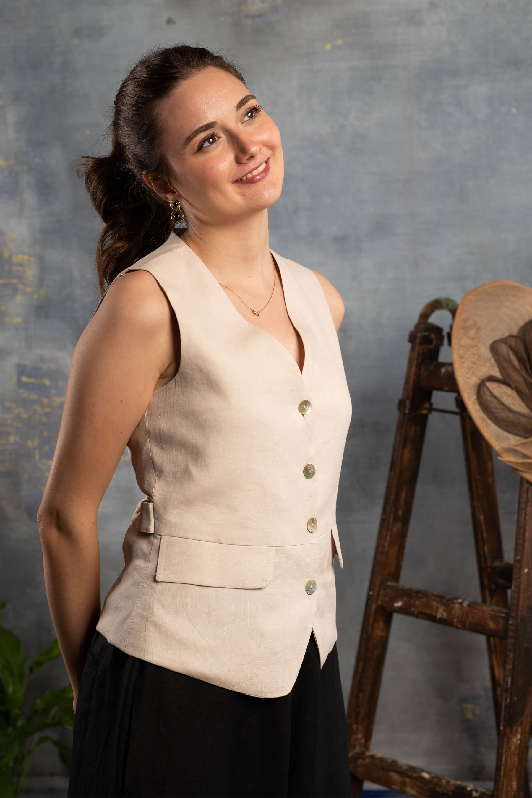 Meltem - Taş Rengi Keten Yelek