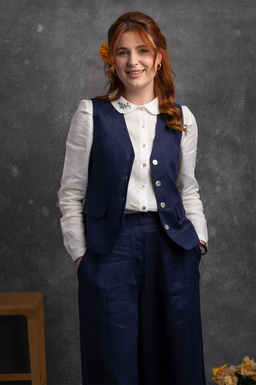 Serin - Bol Paça Lacivert Keten Pantolon