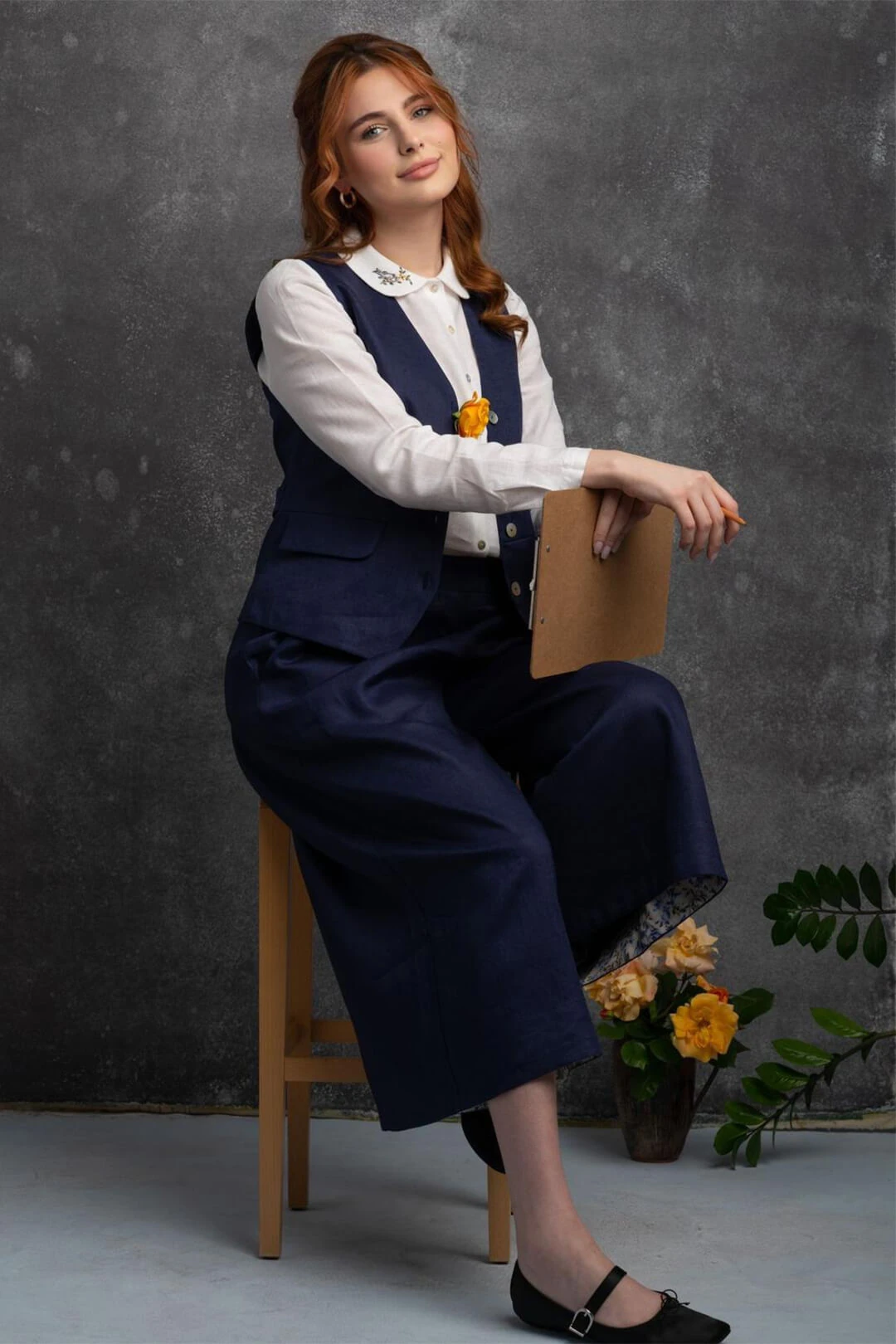 Serin - Bol Paça Lacivert Keten Pantolon