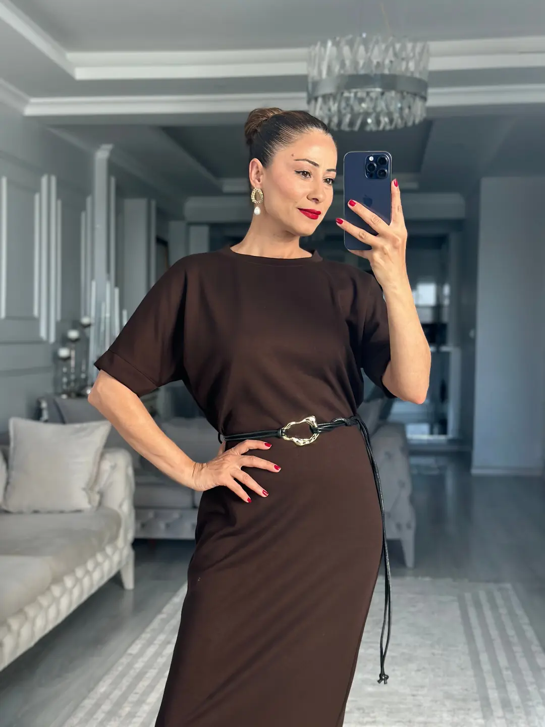 Acı Kahve Cool Kemerli Bisiklet Yaka Midi Boy Kadın Elbise · 3