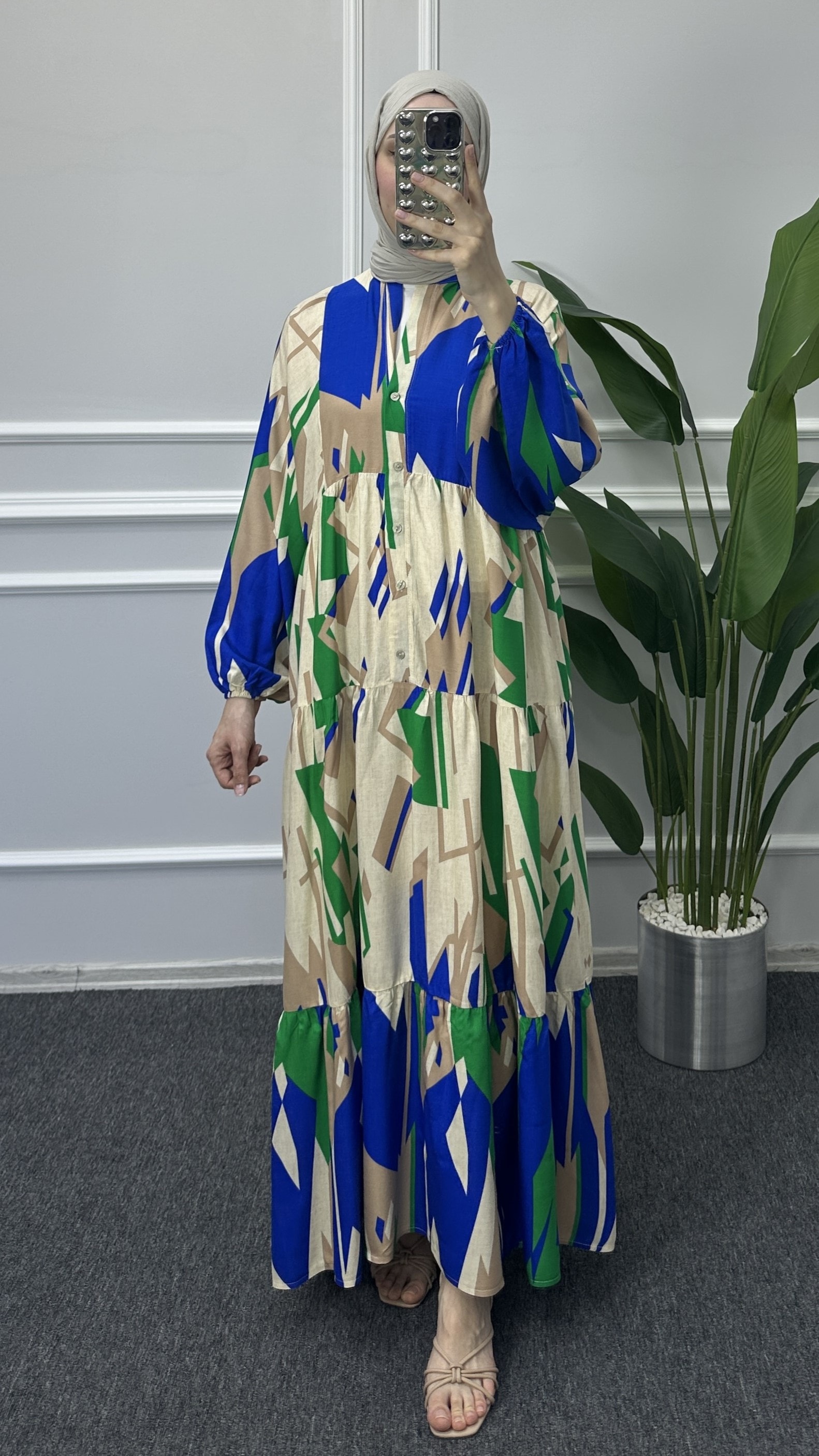 Viskon Elbise - Yeşil/Mavi