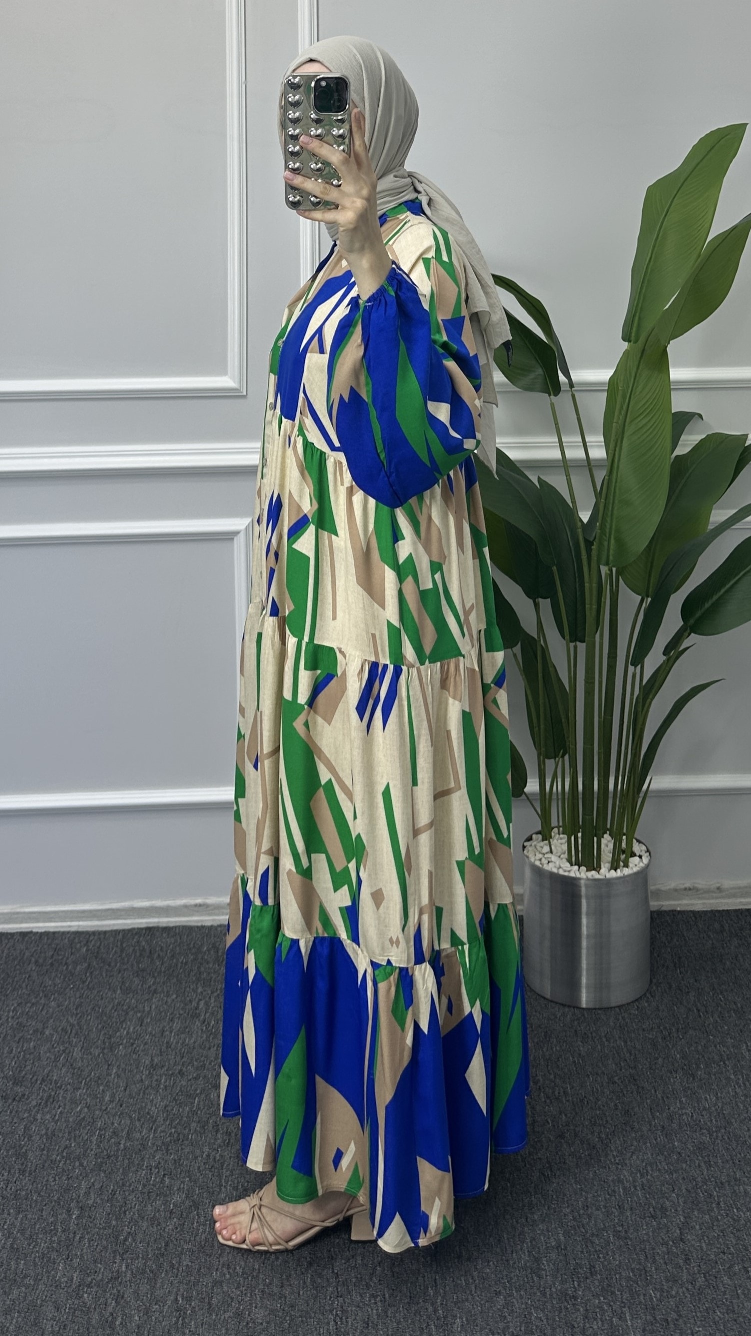 Viskon Elbise - Yeşil/Mavi