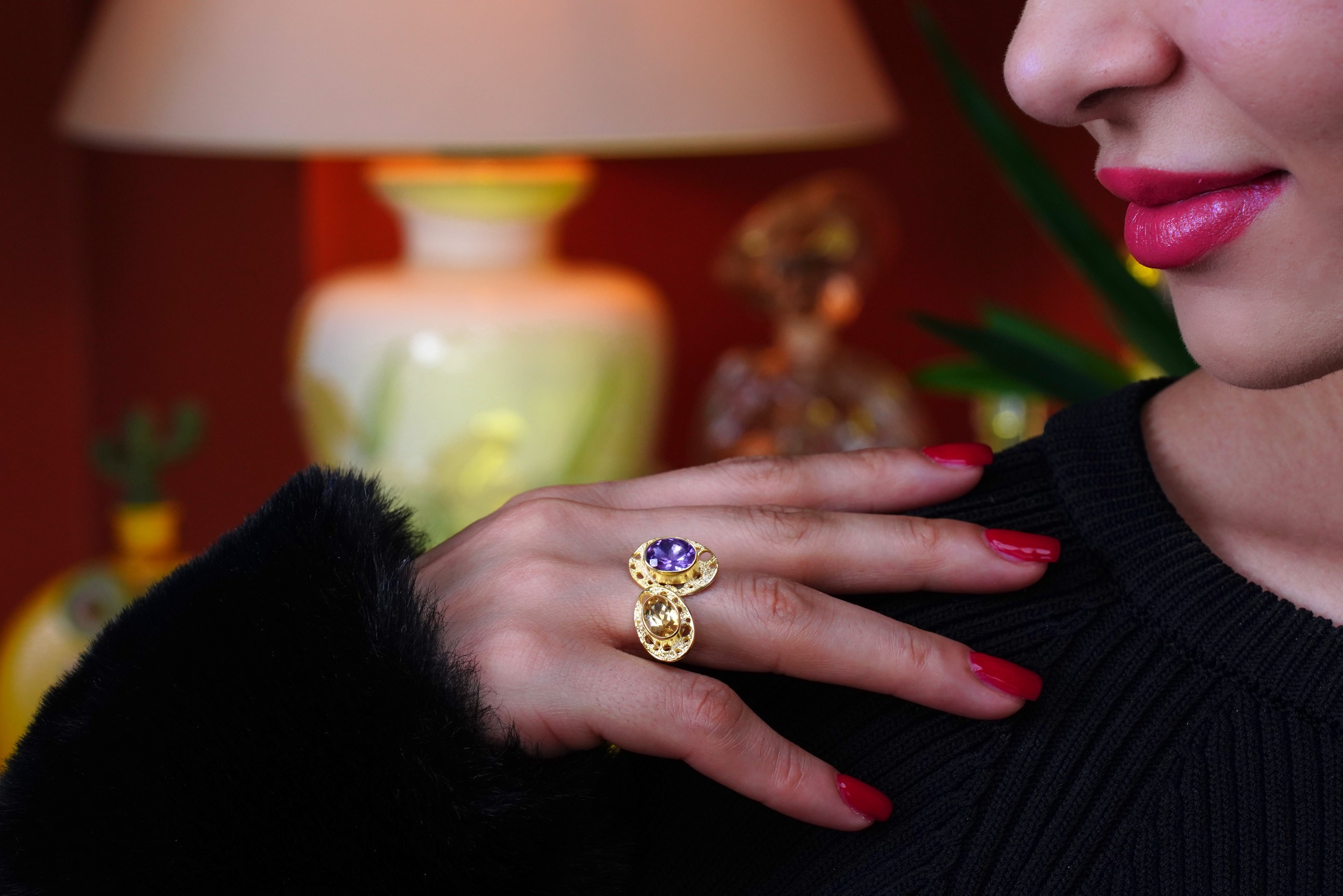 "Celestial Orbit" – Amethyst & Citrine Taşlı 18K Altın Kaplama Yüzük cover pic