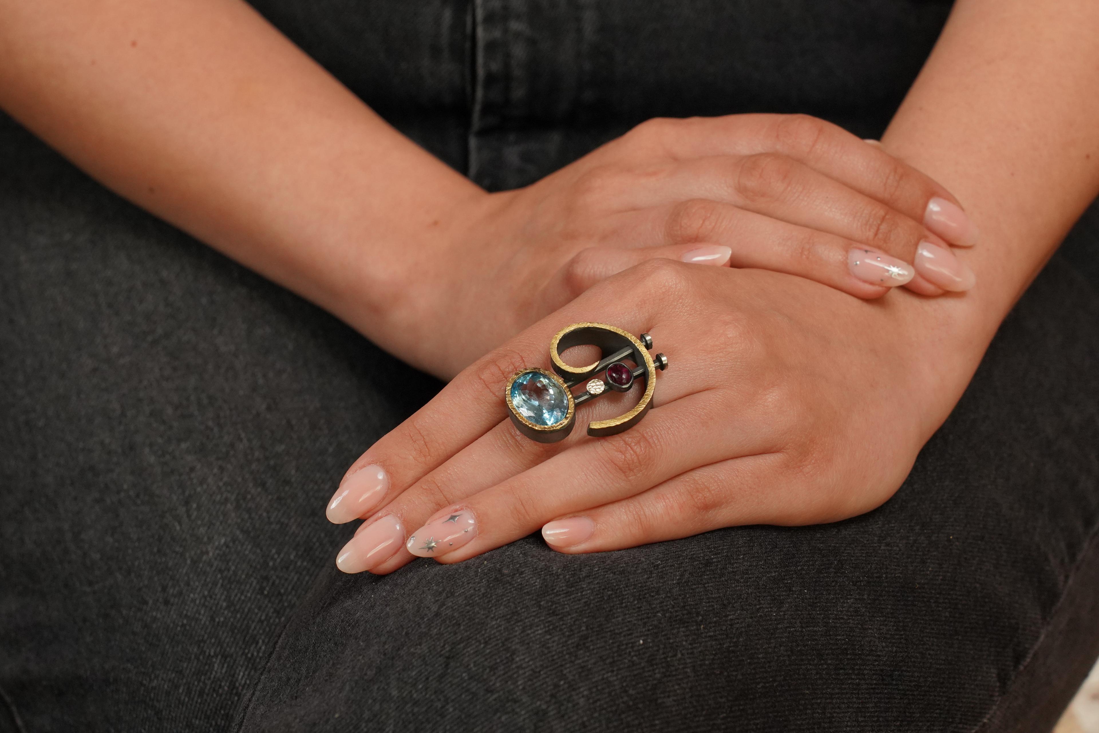 AquaGarnet 995 K Altın & 925 K Gümüş Sky-Blue Topaz-Turmalin Statement Yüzük 0 image